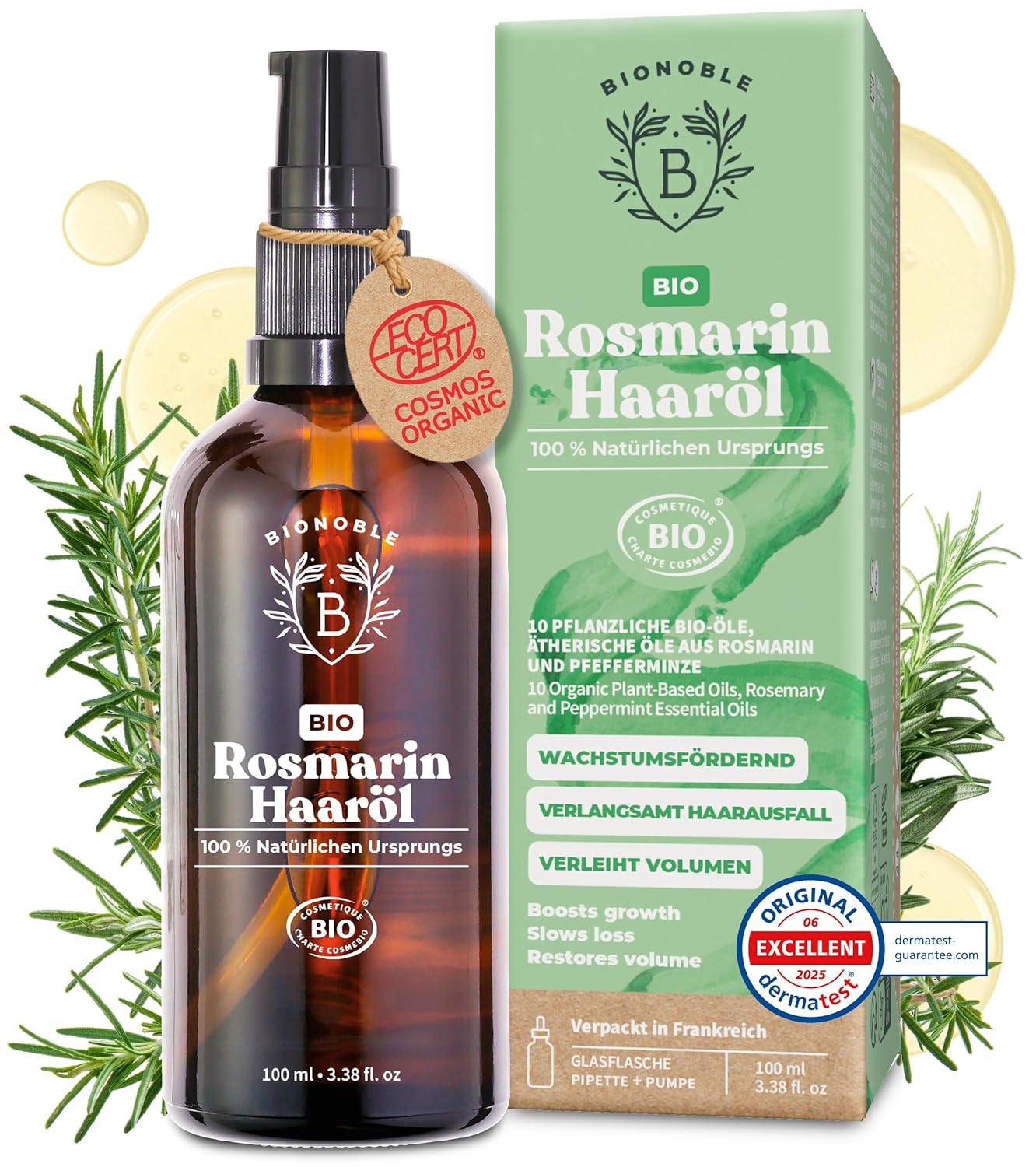 Detalle de BIONOBLE Rosmarinöl Haare Bio – Öl für Haarwachstum und Kopfhaut, 100 ml
