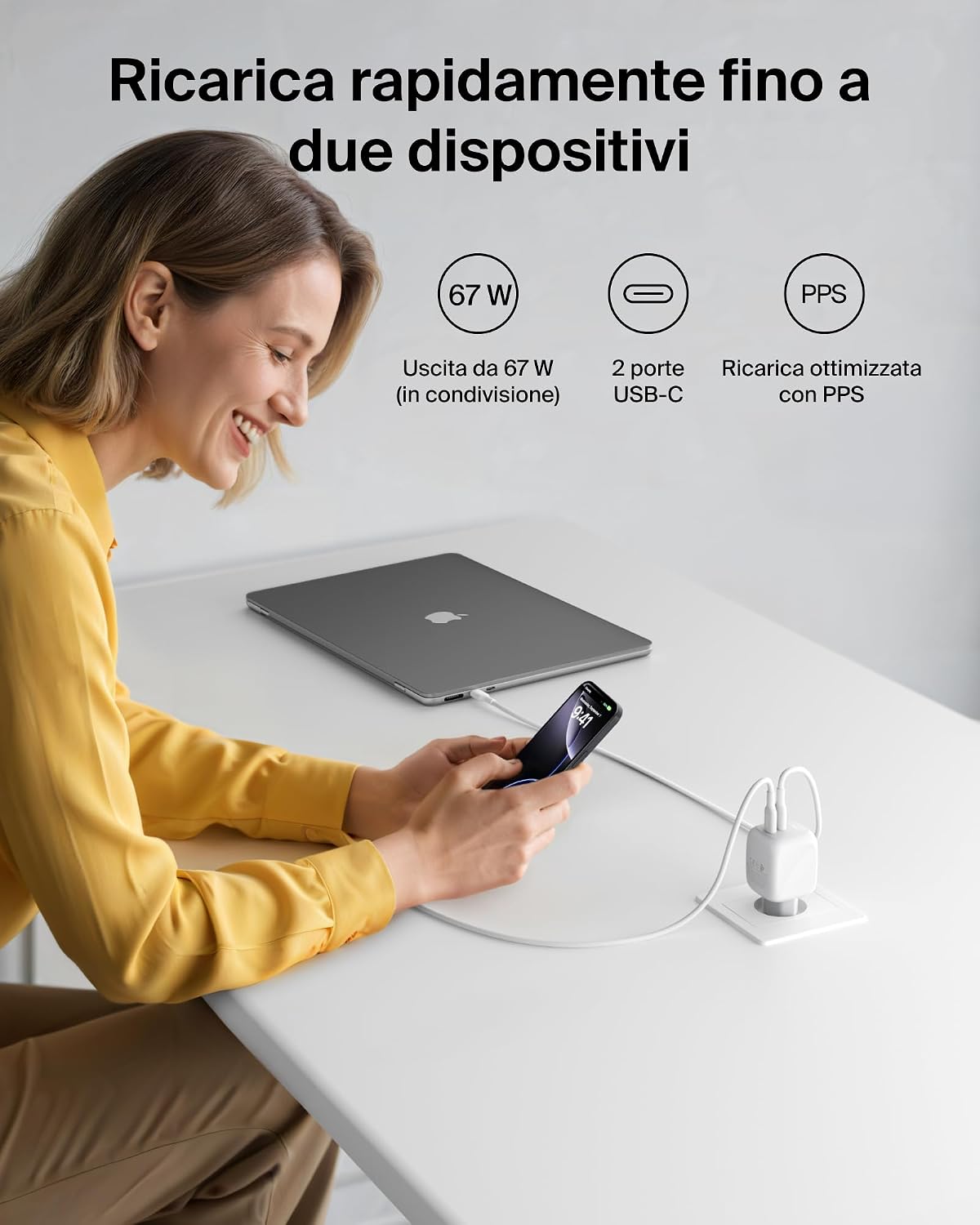 Detalle de Belkin SmartProtect Caricatore USB-C a 2 Porte 67W con Cavo 2 m Incluso – GaN PD PPS