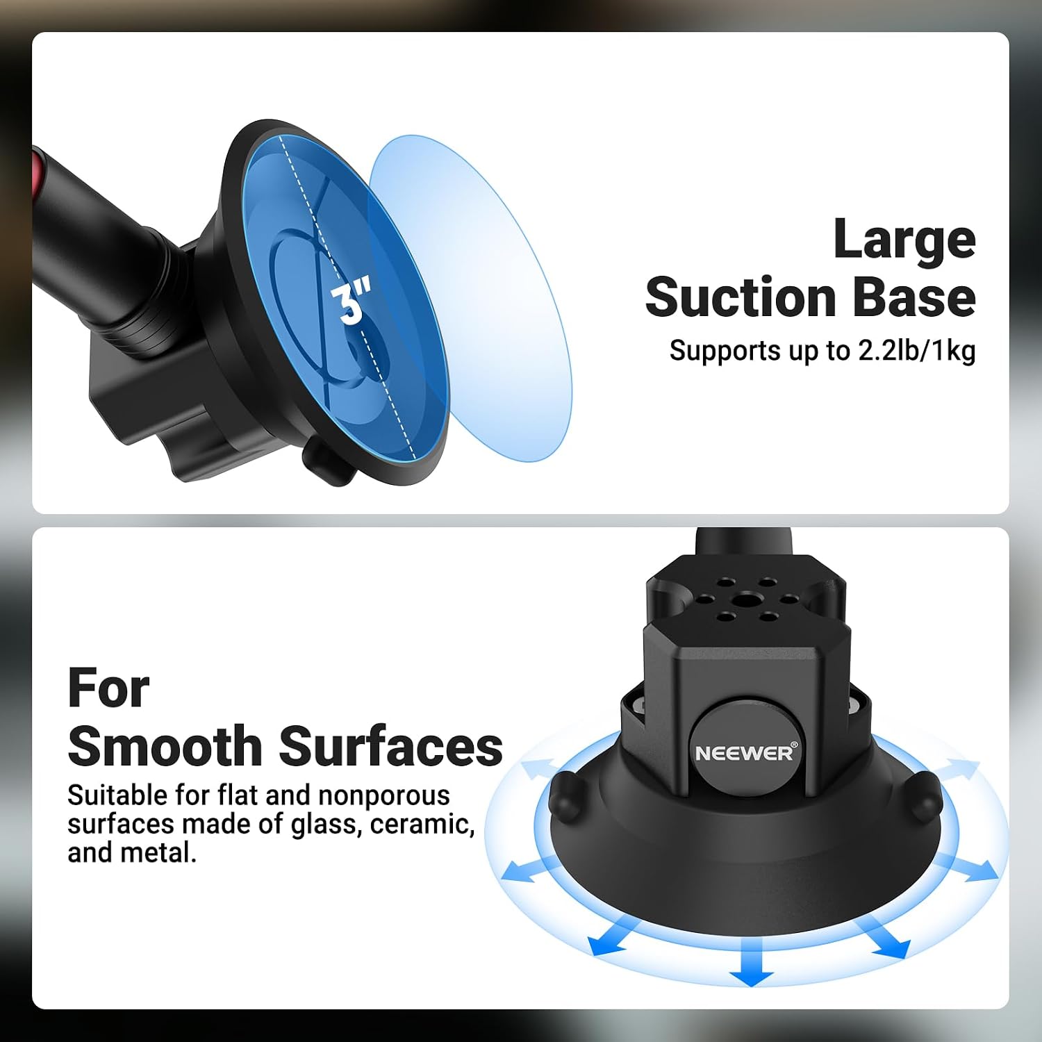 Detalle de NEEWER Triple Suction Cup Car Mount Kit with 24" Aluminum Poles (CA166) for GoPro, DJI, Insta360