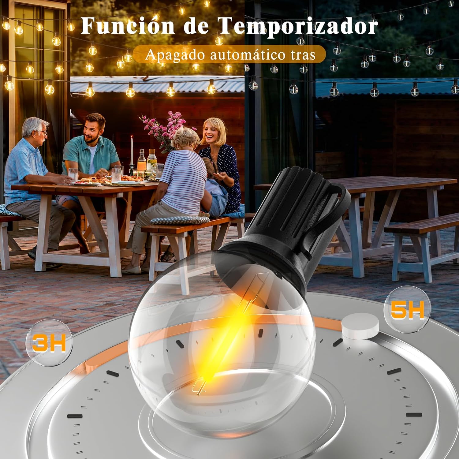 Detalle 2 de SAEIHGAE guirnalda de luces exterior LED 20 m con bombillas G40, IP44 e iluminación ampliable