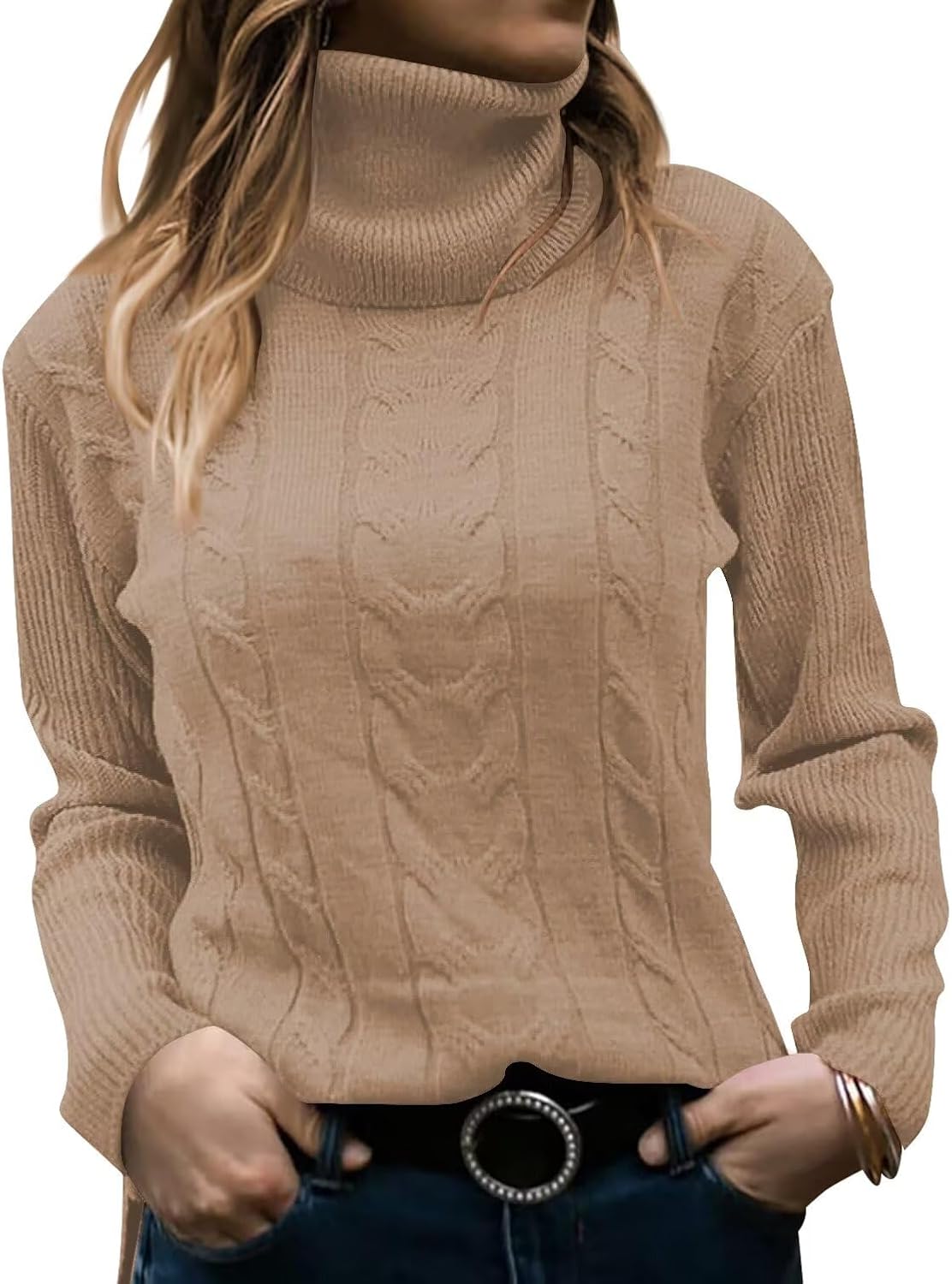 Detalle de JOCAFIYE Cable-Knit Turtleneck Sweater for Women, Long-Sleeve Pullover