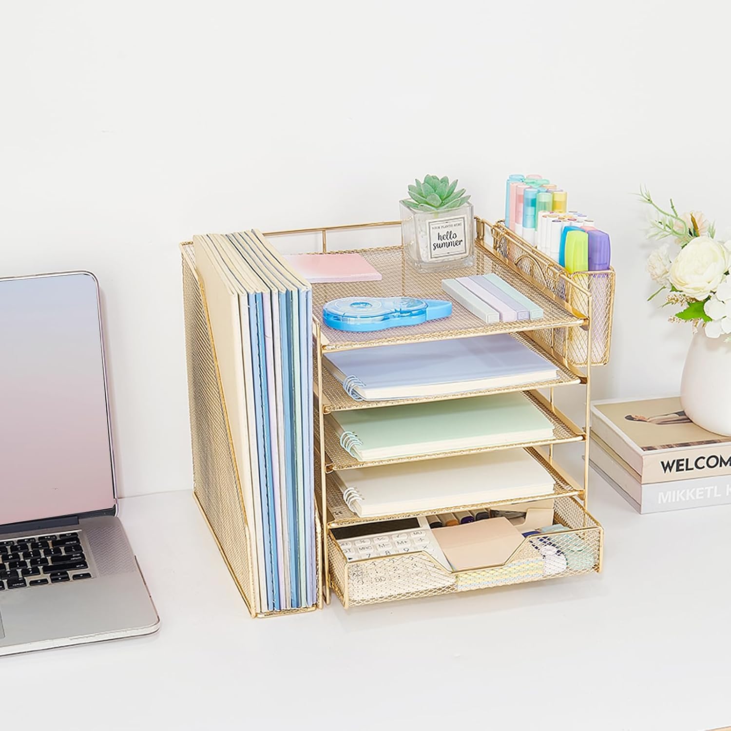 Detalle de Gugsey 5-Tier Desk File Organizer with Drawer and Pen Holder, Gold