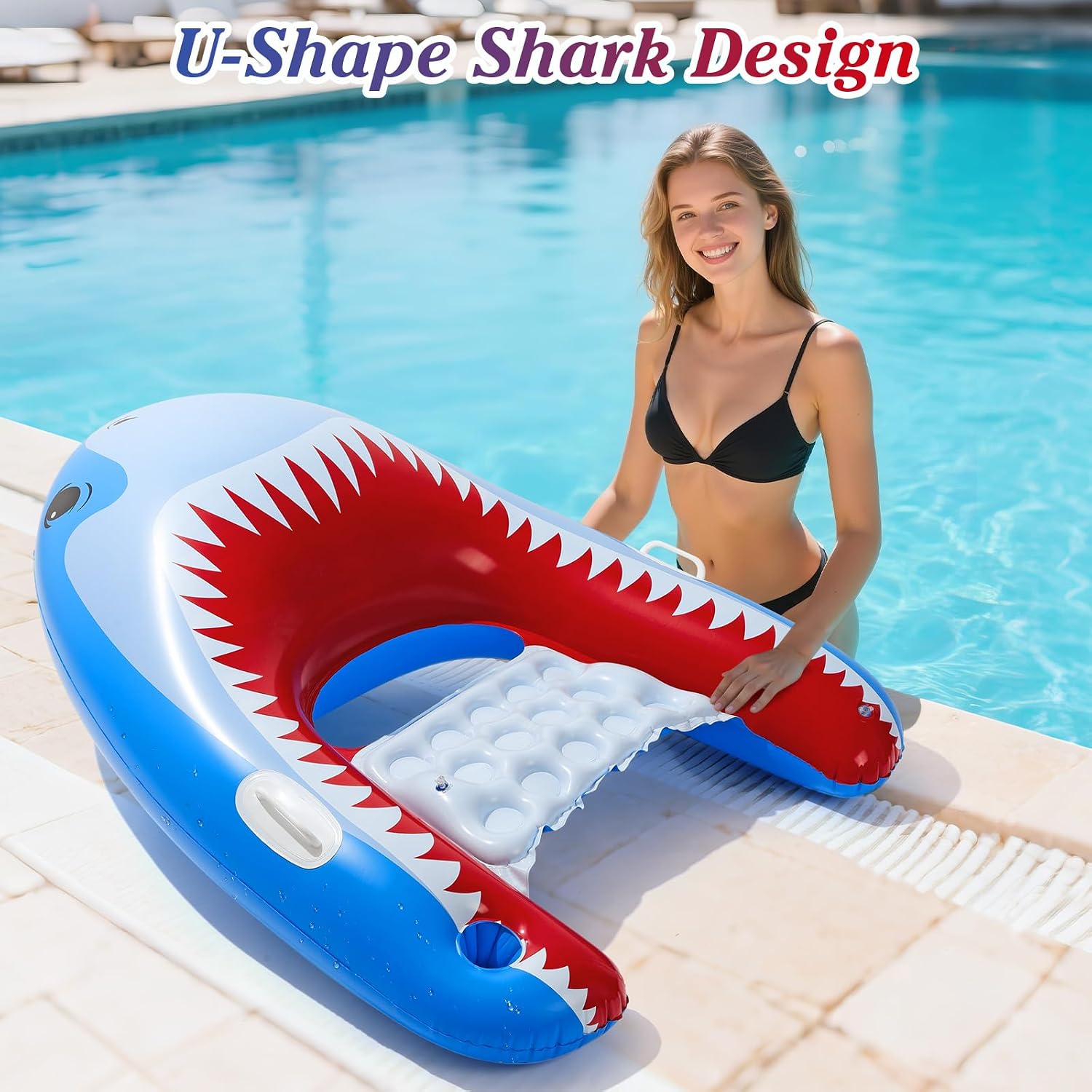 Detalle de HeySplash Inflatable Pool Floats: Shark-Shaped Tanning Lounger with Cup Holder (Extra Large)