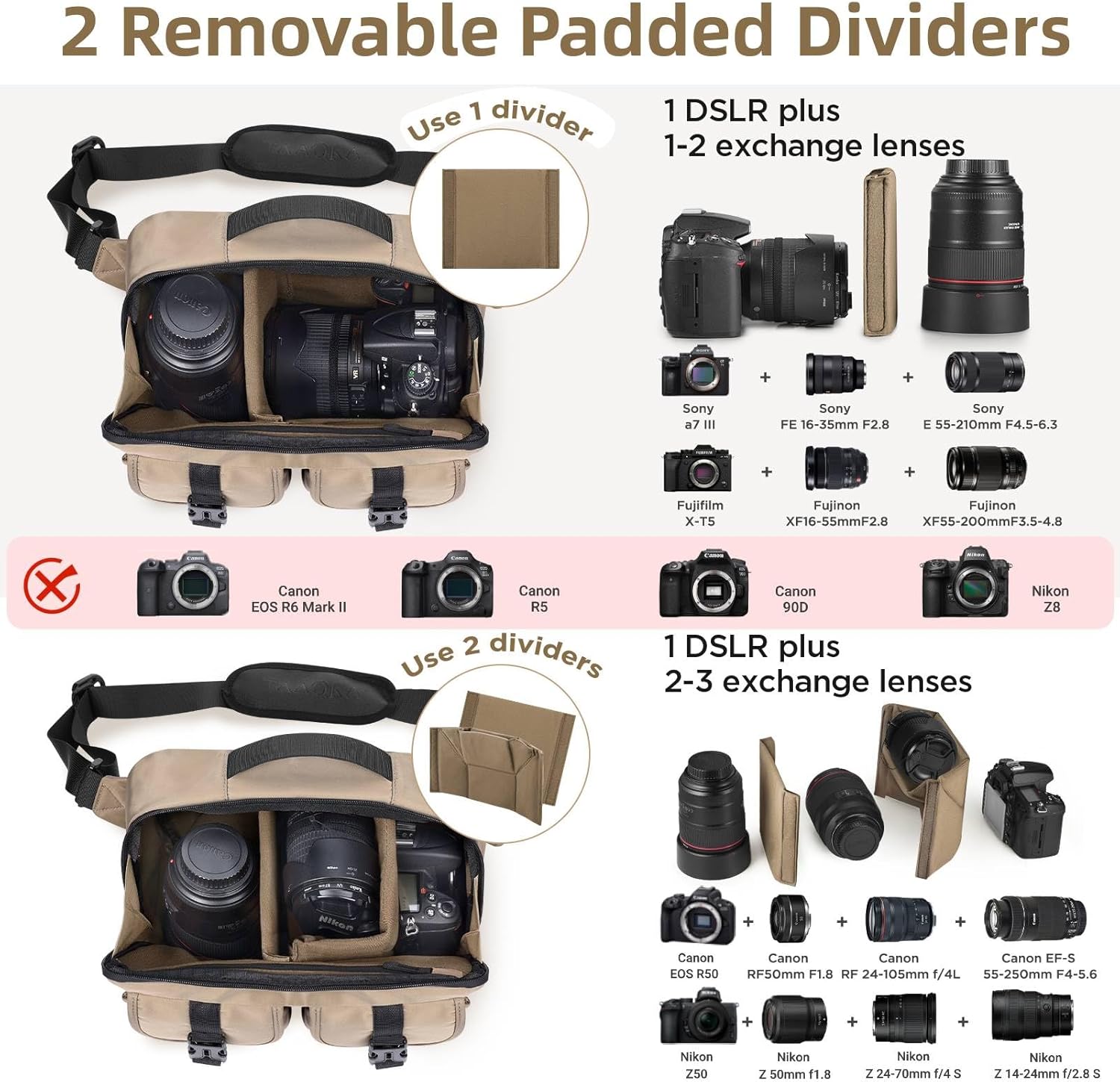 Detalle de TAATOK Camera Sling Bag for SLR/DSLR — Water Resistant with Tripod Holder (Coffee)