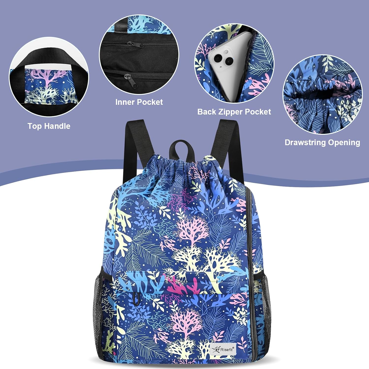 Detalle 2 de Risefit Waterproof Swimming Bags drawstring gym bag for adults with multiple pockets