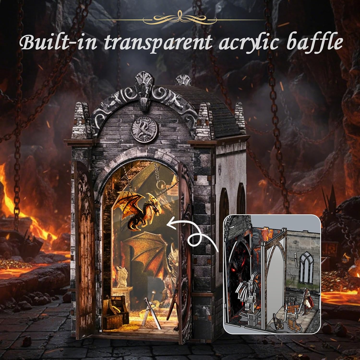 Detalle de BATTREVO Book Nook Kit Regno Nascosto del Drago – Set fai-da-te con vela di luci e vetro acrilico