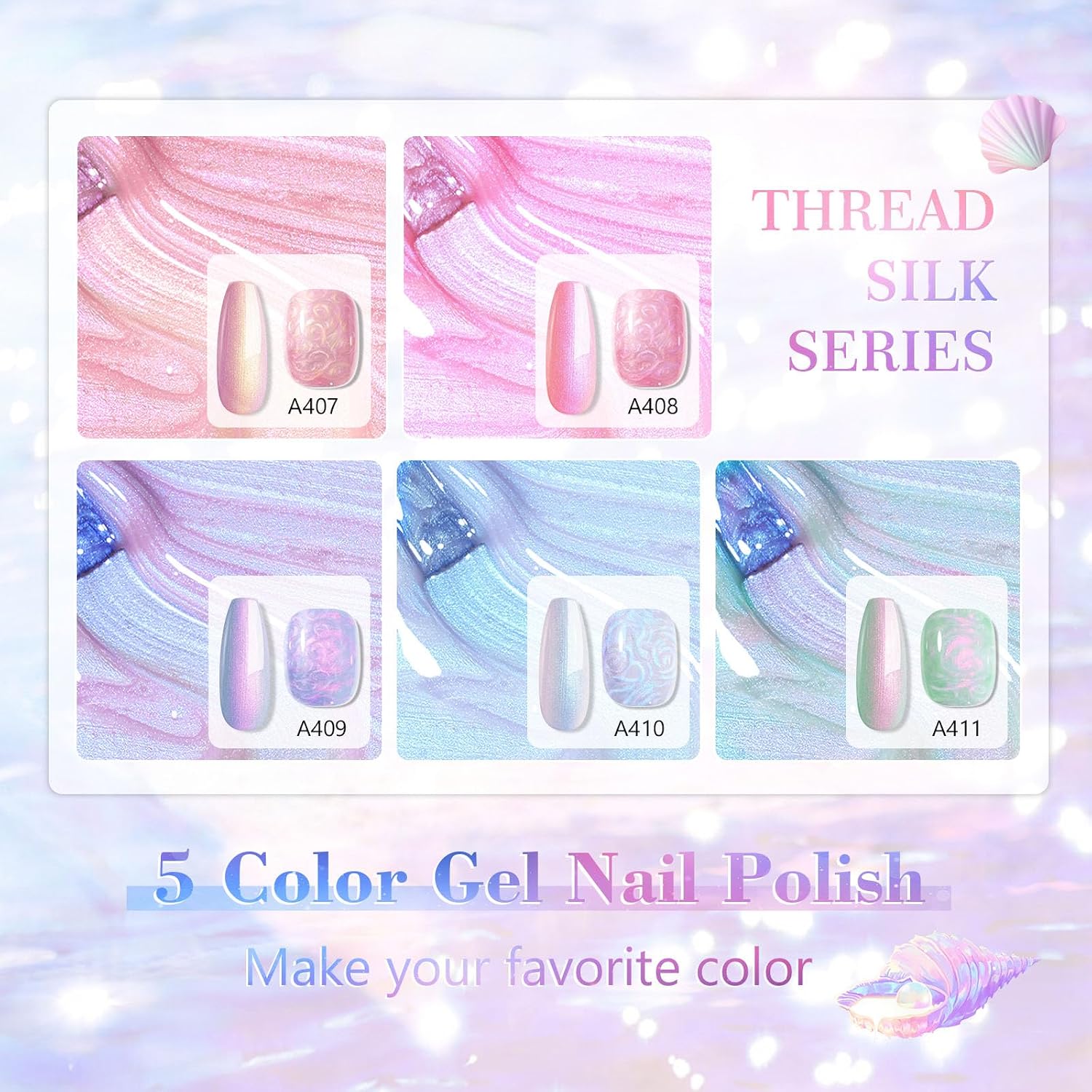 Detalle 2 de Shining She UV Nagellack Pearl Effect Set mit 5 Farben (Meerjungfrau Pearl) – inklusive Stick für Kreis- & Muschel-Effekte