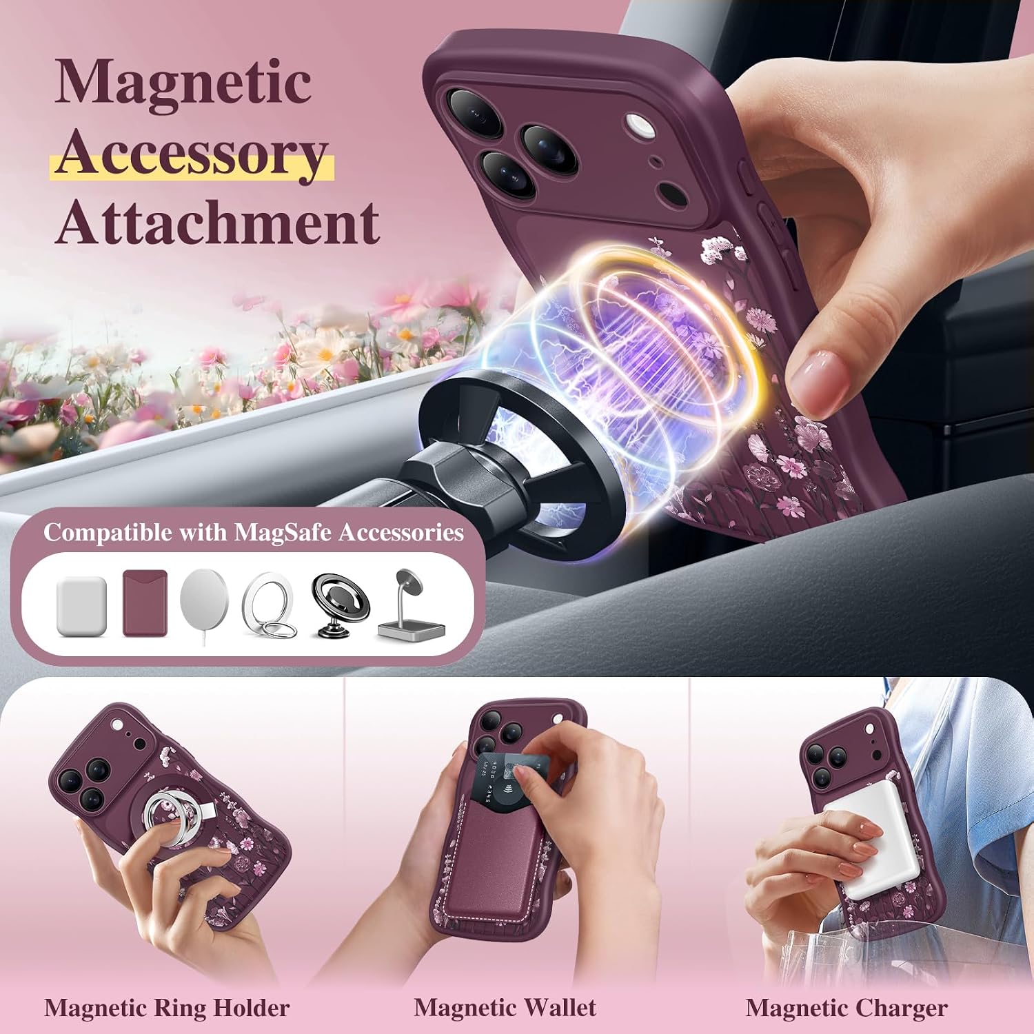 Detalle 2 de GVIEWIN Floral Translucent MagSafe Case for iPhone 17 Pro Max (Curly Wave Edge) – Full Camera Protection