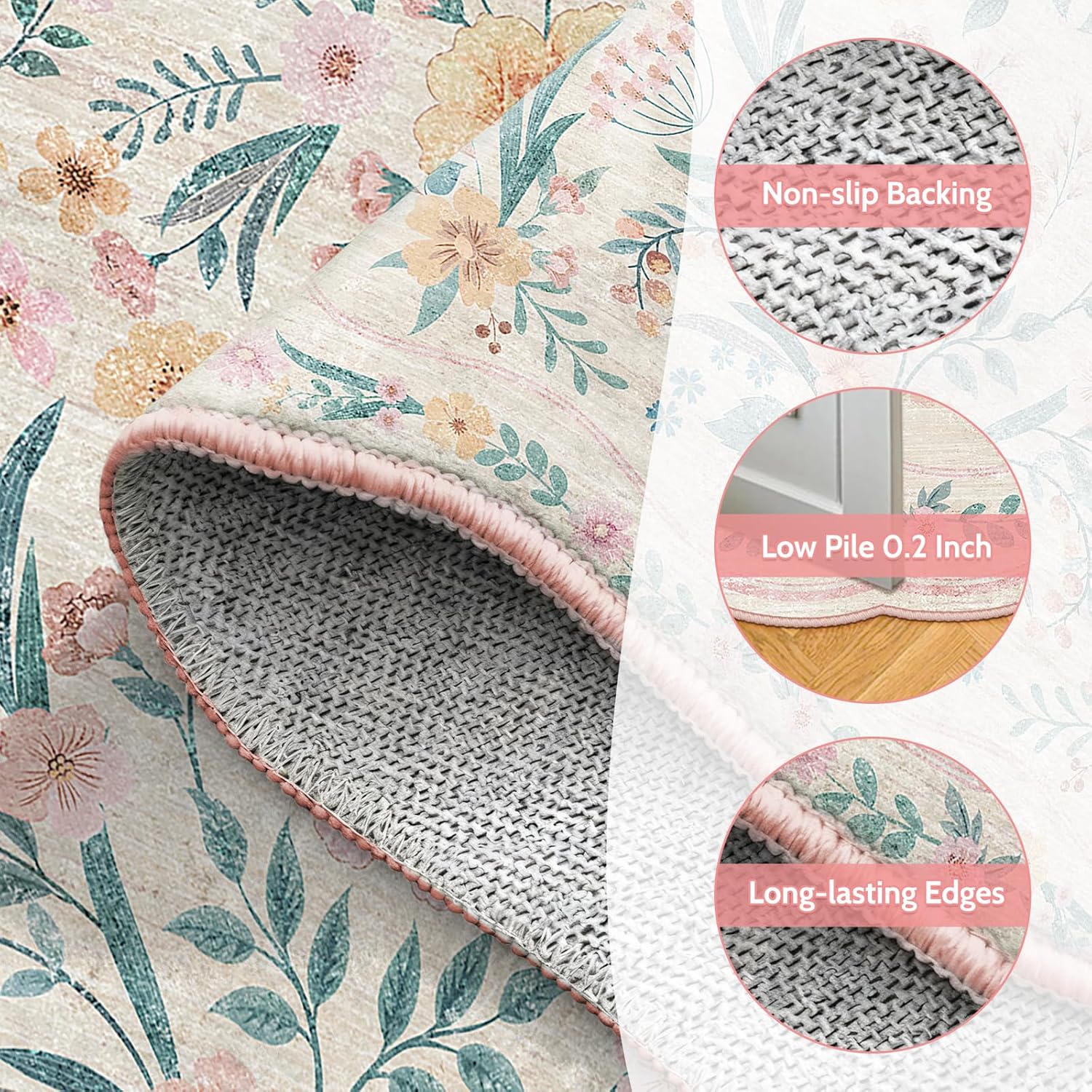 Detalle 2 de Dadasgk Pink Floral Rug 5x7 for Girls' Room – Soft, Washable Non-Slip Boho Rug