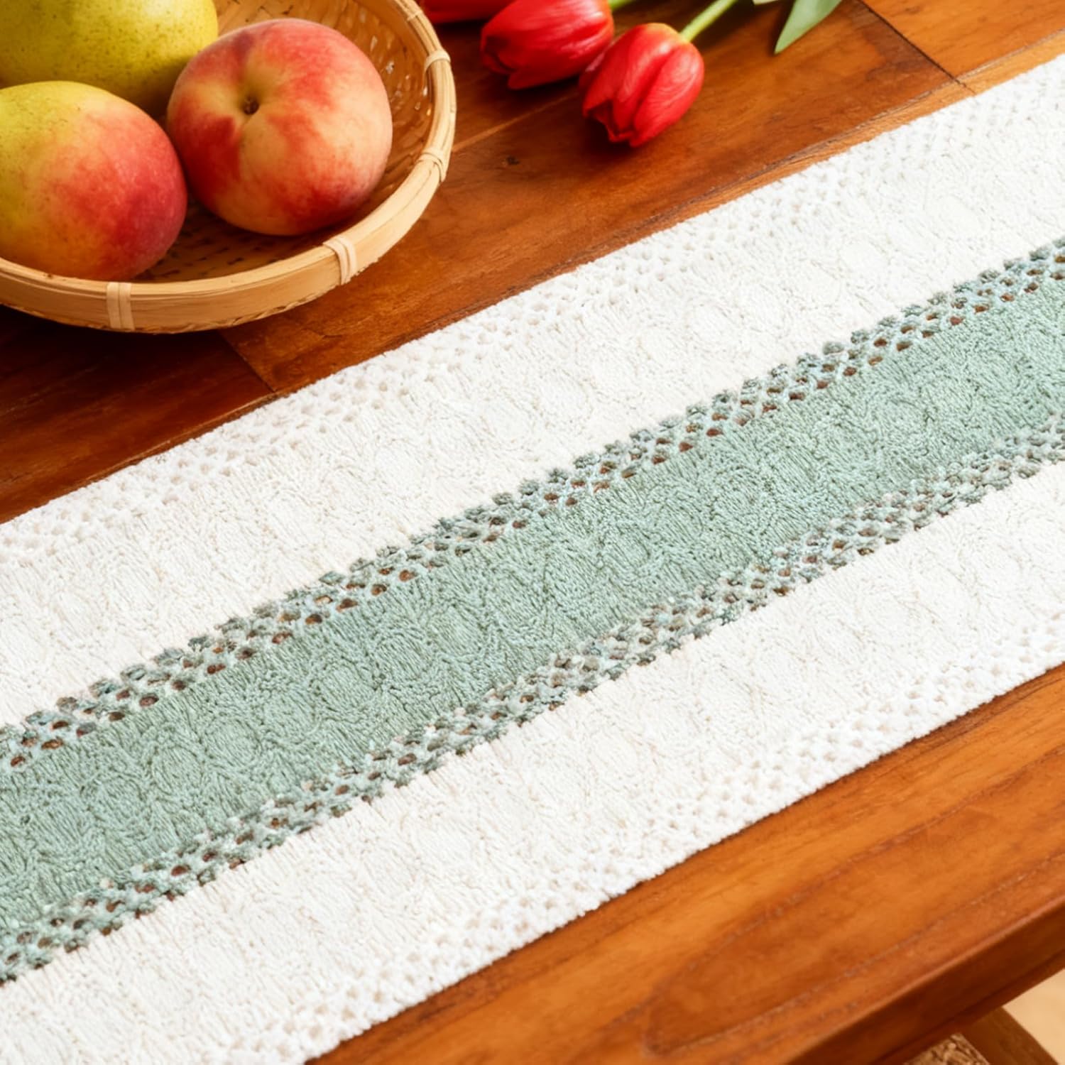 Thumbnail 4 de Tischläufer Grün Boho Eukalyptus – 30 × 140 cm, handgewebt mit Spitze, waschbar