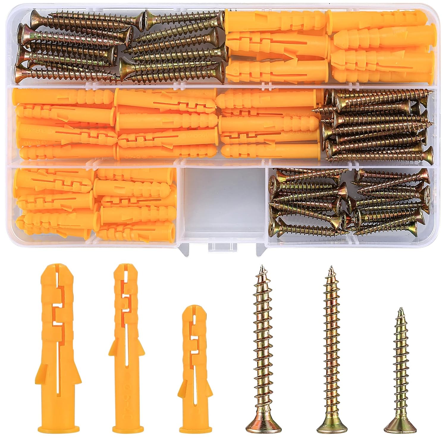 Detalle de 110 Pcs Screws and Wall Plugs Set (55 Masonry Screws, 55 Expansion Anchors) – M6/M8 for Brick, Concrete and Drywall