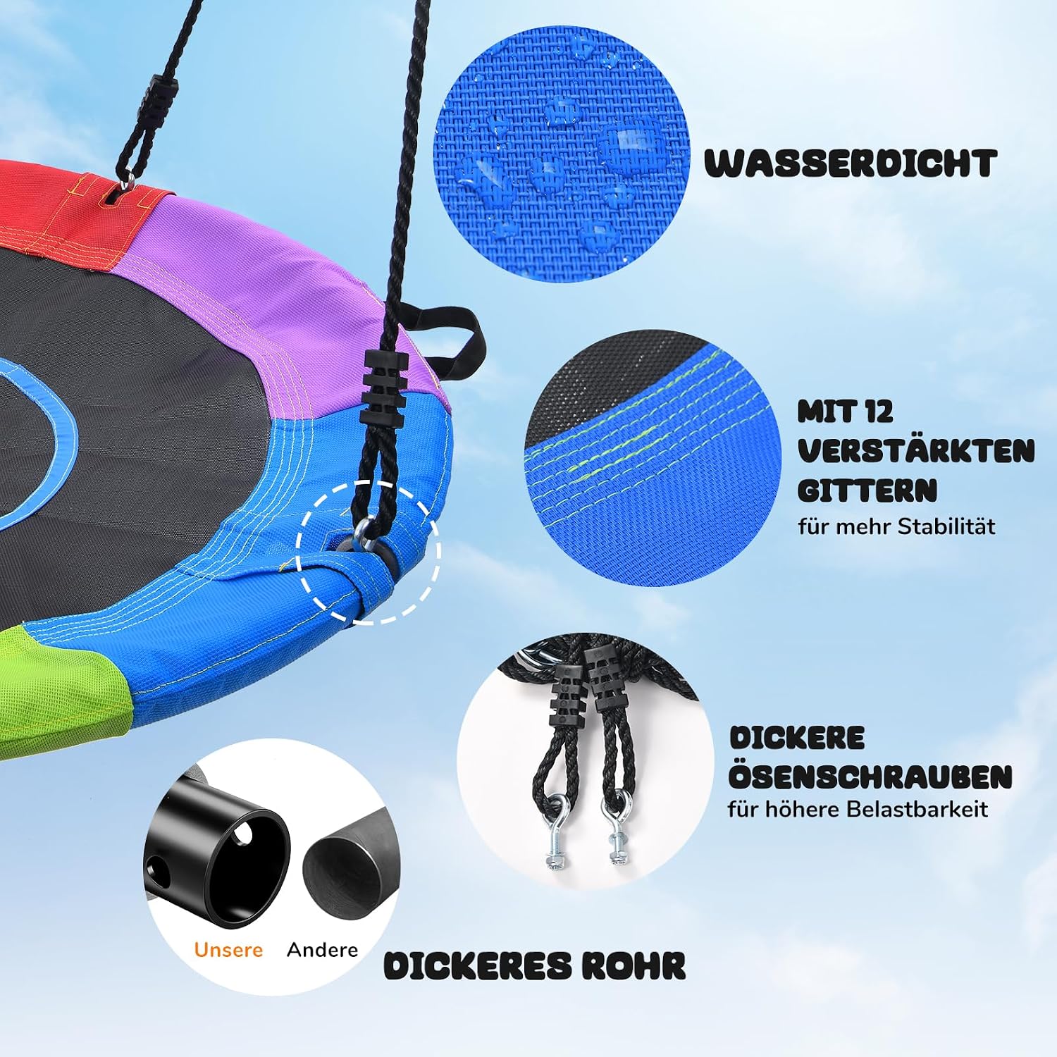 Detalle de Trekassy Nestschaukel Outdoor 300 kg XXL 100 cm Tellerschaukel – Stahlrahmen, 900D Textilene, wetterfest