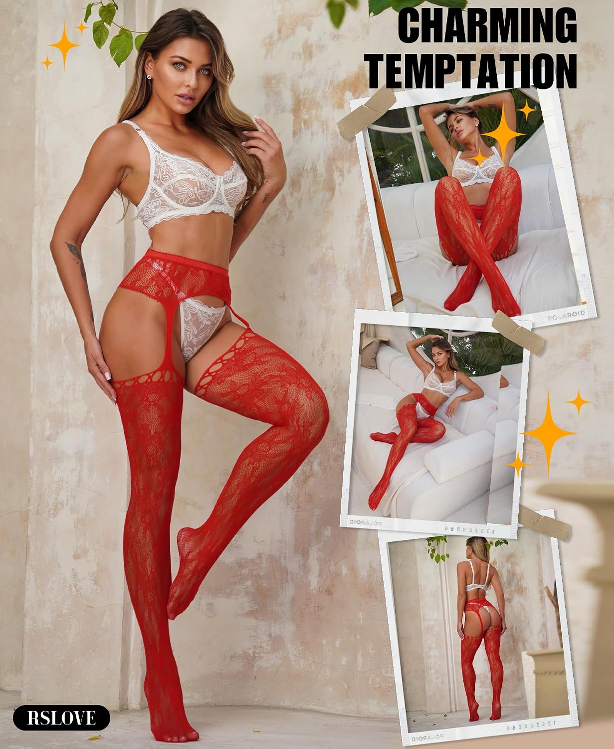 Thumbnail 3 de RSLOVE Women's Suspender Stockings, Floral Lace and Fishnet One-Piece Design