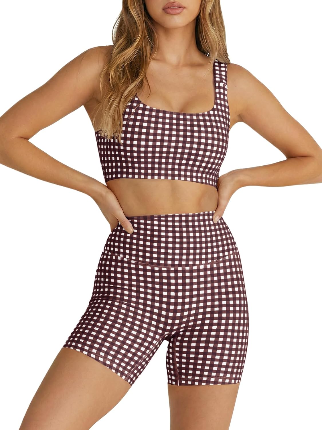 Thumbnail 6 de Aoysky Women's Gingham 2-Piece Workout Set: Open-Back Cropped Tank + High-Waist Shorts