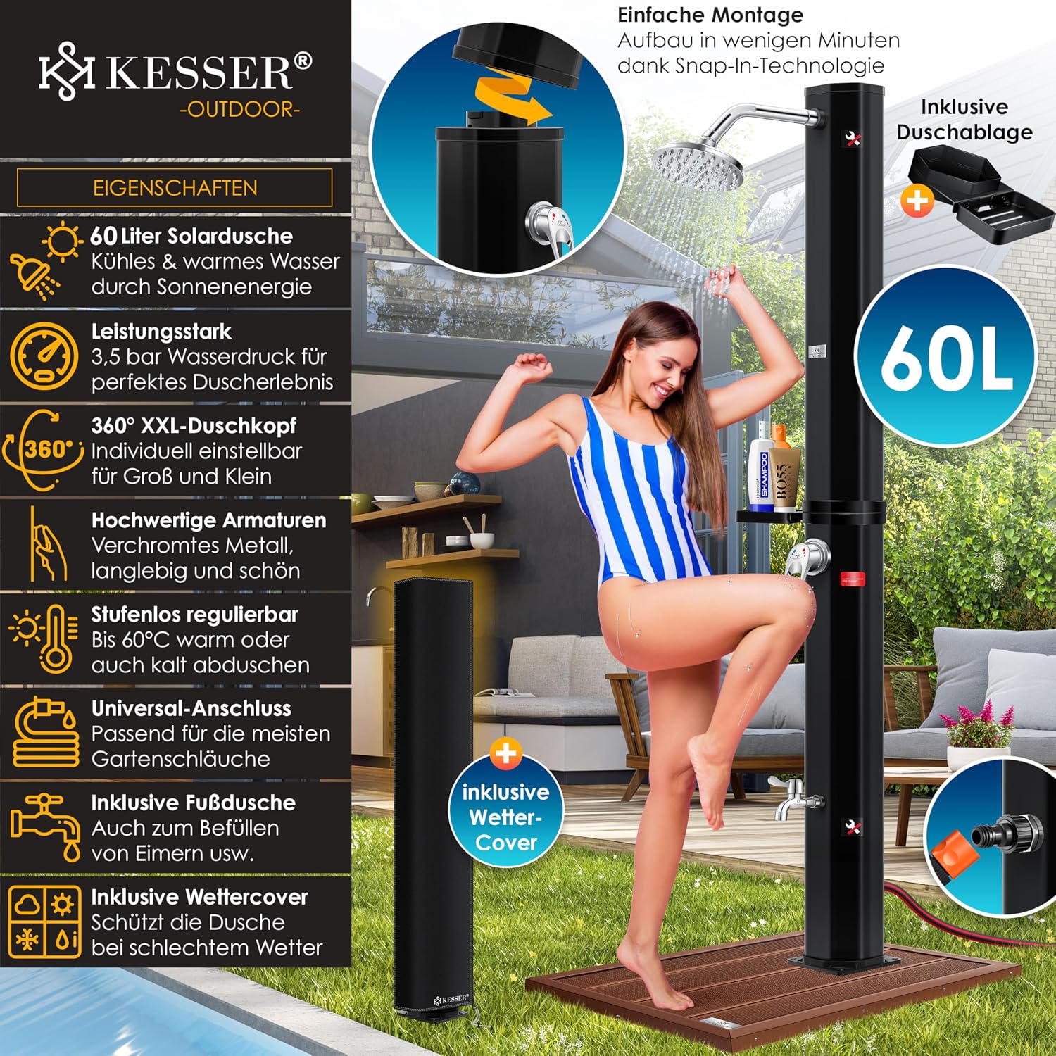 Detalle de KESSER® Solardusche 60L Gartendusche – Warmes Wasser ohne Strom für Garten und Pool