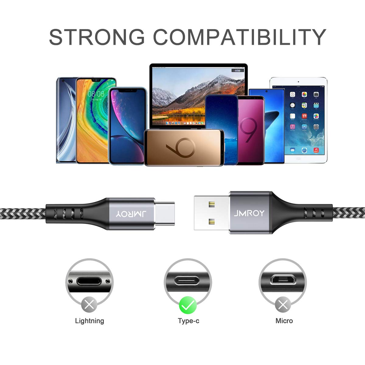 Thumbnail 5 de USB C Cable 3M (3m / 10ft) USB A to USB C Charger Cable, Nylon Braided, 3A, 480Mbps – Compatible with Samsung, Google Pixel, Huawei and more