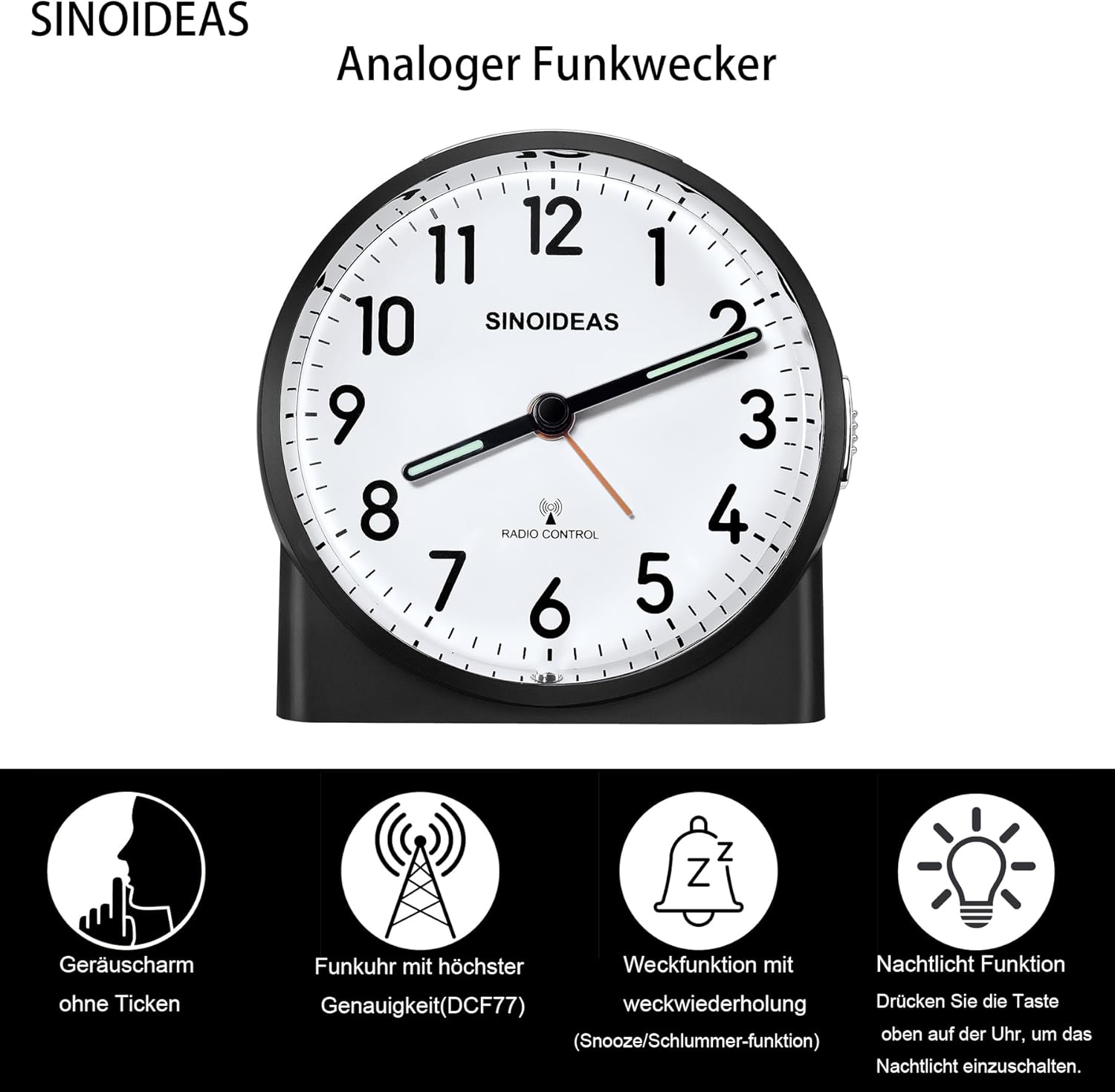 Thumbnail 2 de SINOIDEAS Funkwecker (analog, ohne Ticken) mit Nachtlicht & Schlummerfunktion – Schwarz