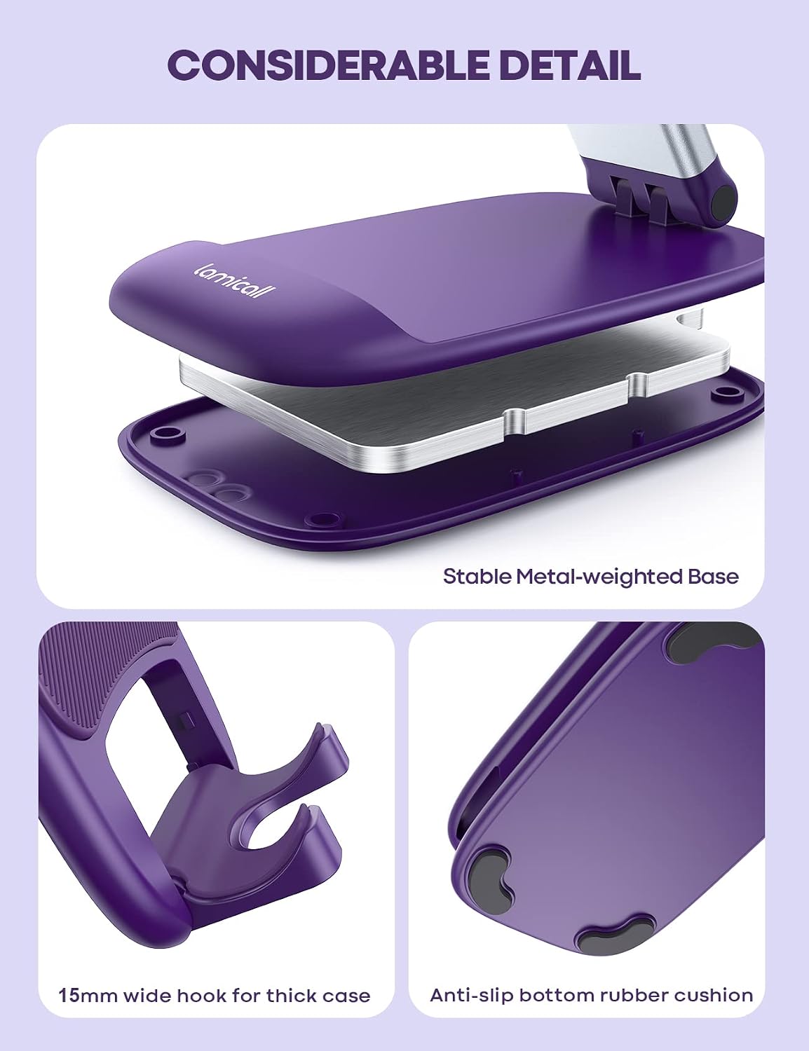 Thumbnail 5 de Lamicall Dark Purple Adjustable Phone Stand, Foldable with Weighted Metal Base