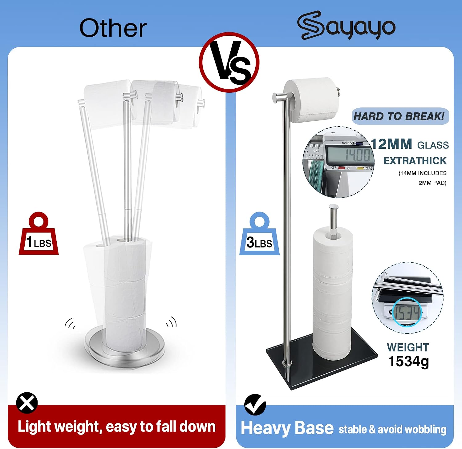Thumbnail 1 de Sayayo Free Standing Chromed Toilet Roll Holder with Glass Base (70 cm) – SUS304 Stainless Steel, 12mm Glass, 3–4 Roll Storage