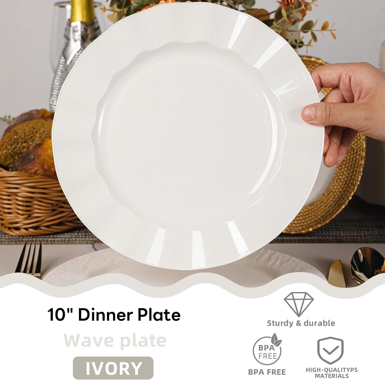 Detalle de NZVCN 72-Pack Ivory 10-Inch Wave Edge Plastic Plates