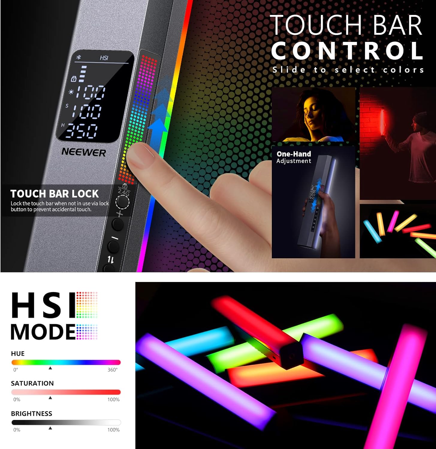 Detalle de NEEWER RGB LED Video Light Stick (RGB1) with Touch Bar, APP Control and Magnetic Mount
