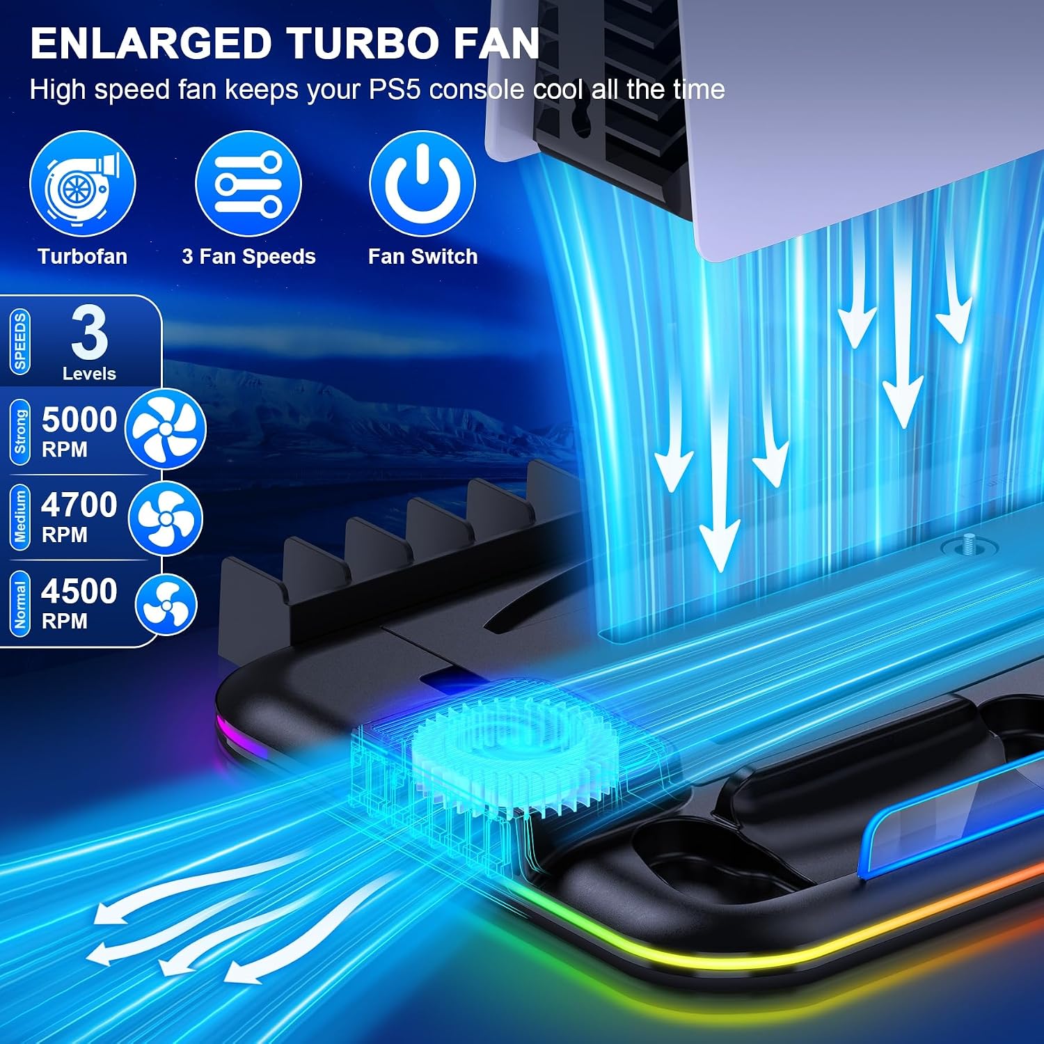 Detalle 2 de HEYLICOOL PS5 Cooling Stand with RGB and 15 Slots