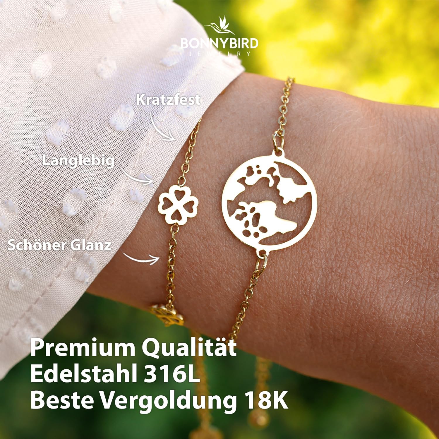 Detalle 2 de BONNYBIRD BonnyBliss Kleeblatt Edelstahl Armband als Glücksbringer zur Prüfung in Silber, Gold & Roségold