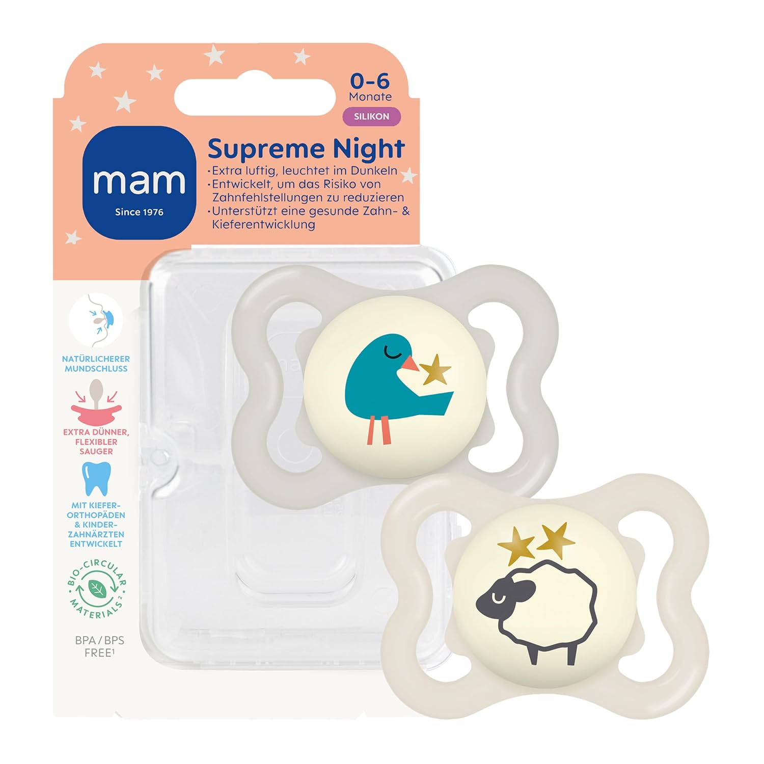 MAM Supreme Night Schnuller 0-6 Monate – 2 Stück mit Leuchtknopf und SkinSoft Silikon