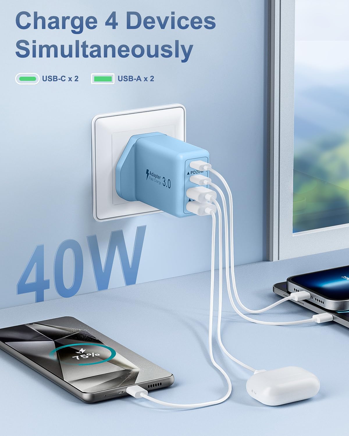 Detalle de 40W 4‑Port USB-C Multi Charger for iPhone and Samsung