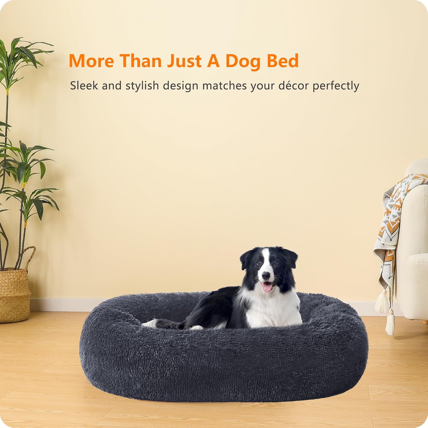Detalle de HMTOPE Orthopädisches rundes Hundebett (Donut) – waschbarer Kuschelkob, 90 cm Ø, dunkelgrau