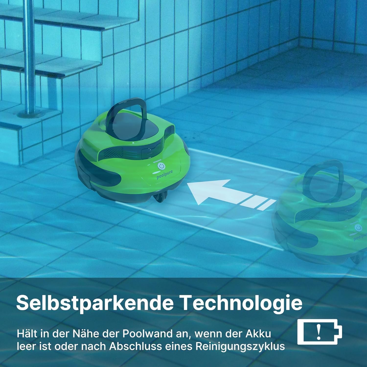 Detalle de POOLPURE Robot de piscine sans fil – Nettoyage rapide sur planchers plats jusqu’à 90 m²