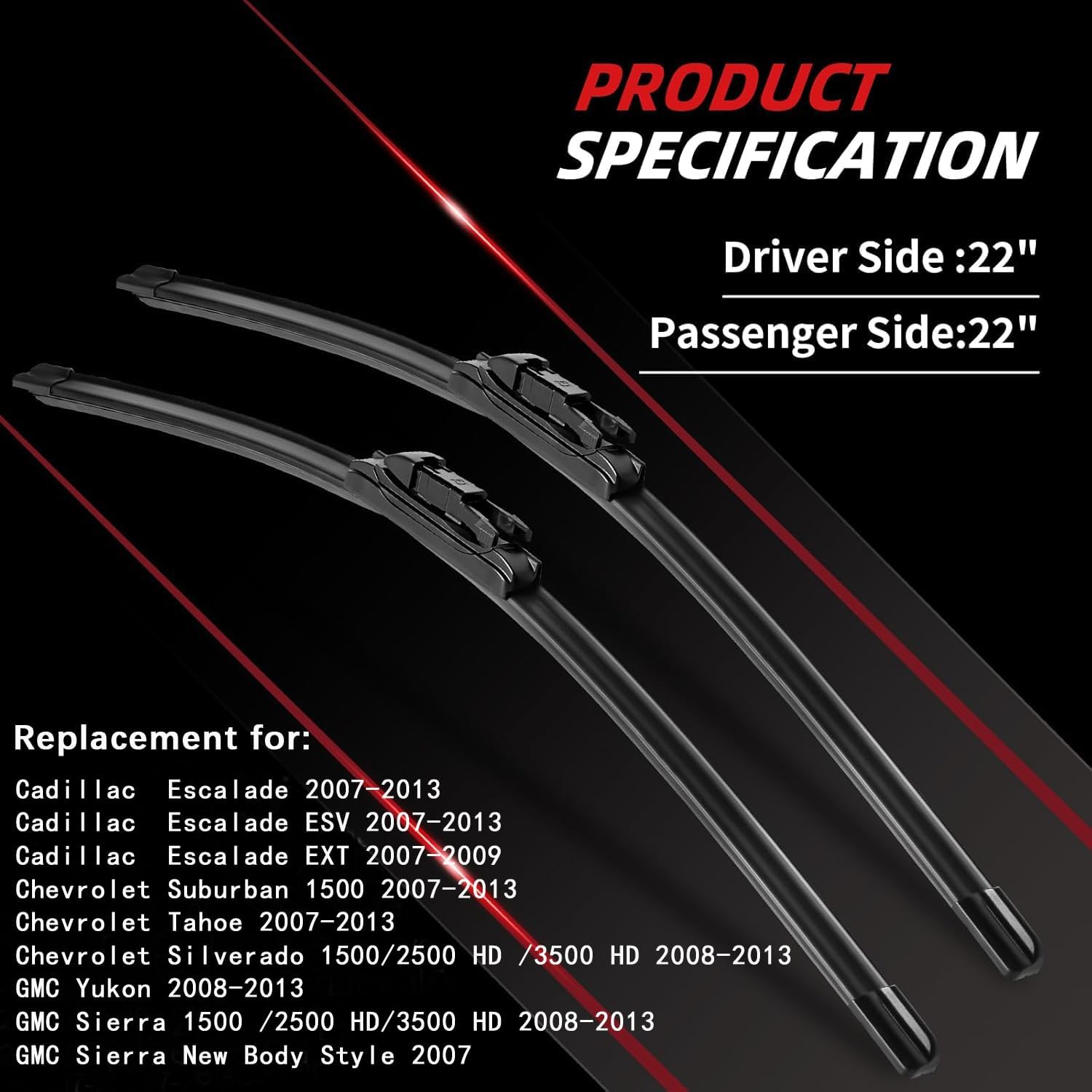 Thumbnail 1 de OTUAYAUTO Premium Windshield Wiper Blades 22" Pair for Chevy Silverado/Tahoe/Suburban + GMC Sierra/Yukon (Replacement, All-Weather, Pinch Tab)