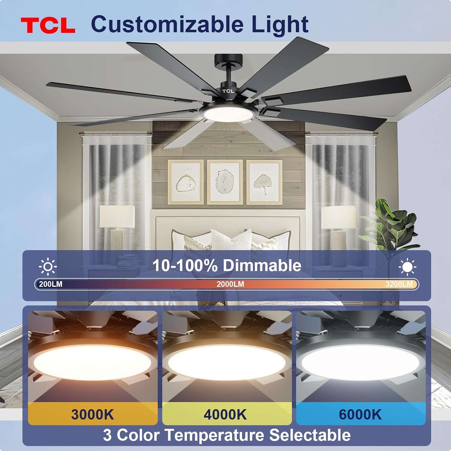 Detalle 2 de TCL 72-Inch Ceiling Fan with Light and Remote — 8 Blades, Quiet DC Motor, Dimmable LED