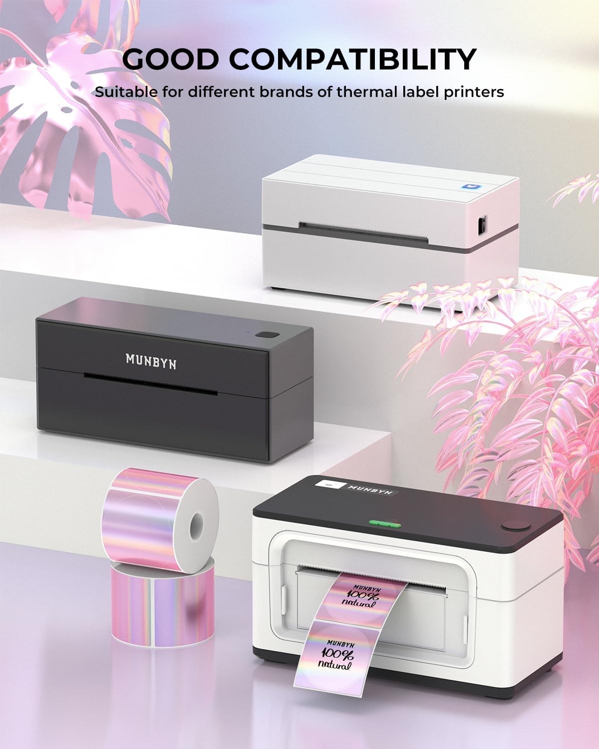 Detalle 2 de MUNBYN 50mm x 50mm Holographic Purple thermal sticker labels (400 per roll) for QR codes, names and DIY labelling