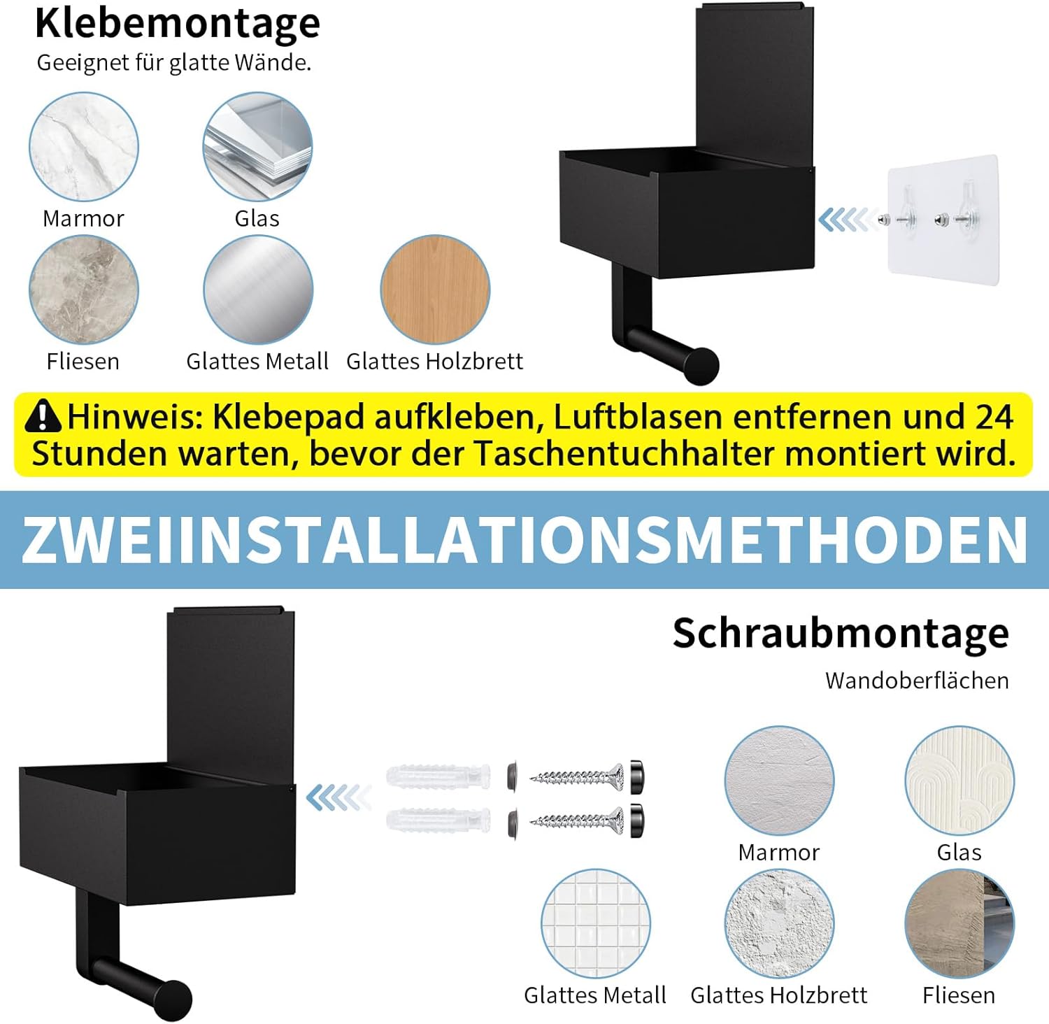 Thumbnail 3 de Heatigo Toilettenpapierhalter Schwarz mit Feuchttücherbox – ohne Bohren oder zum Befestigen, Edelstahl, 20,4 × 14 × 7,3 cm