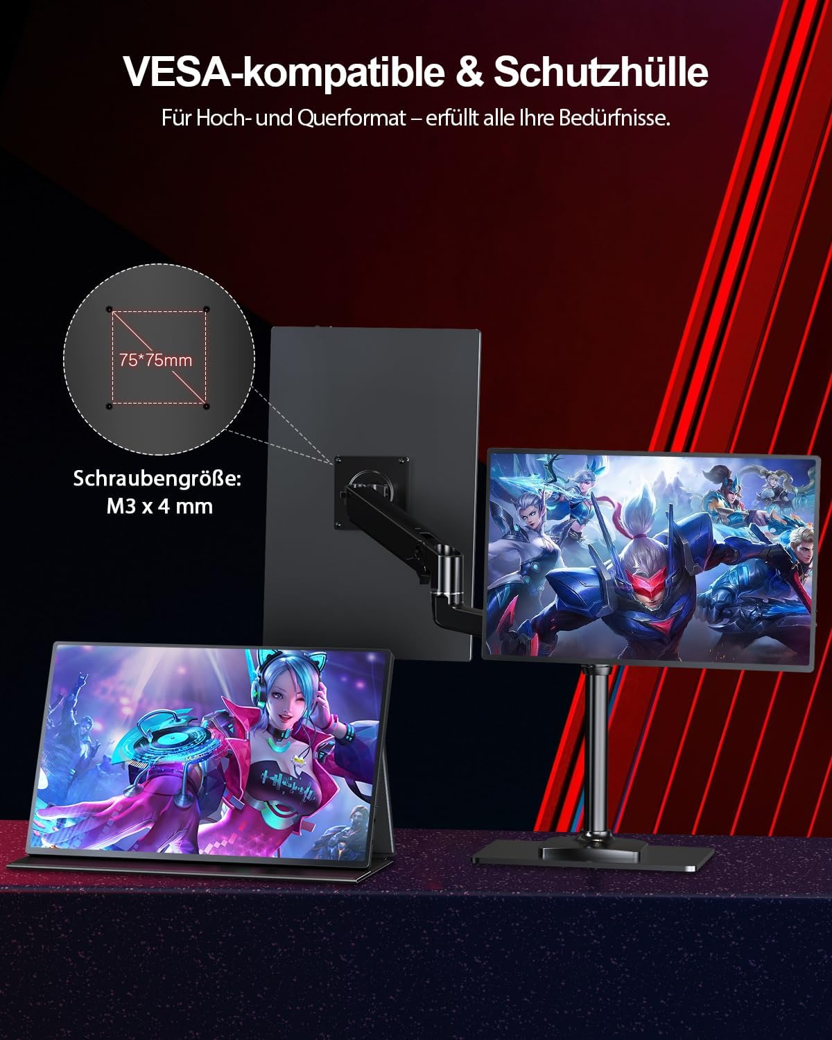 Detalle de UPERFECT 2K 144Hz 16 Zoll Portable Monitor – 2560x1600, 16:10, QLED, 2x USB‑C, Mini HDMI, VESA-kompatibel