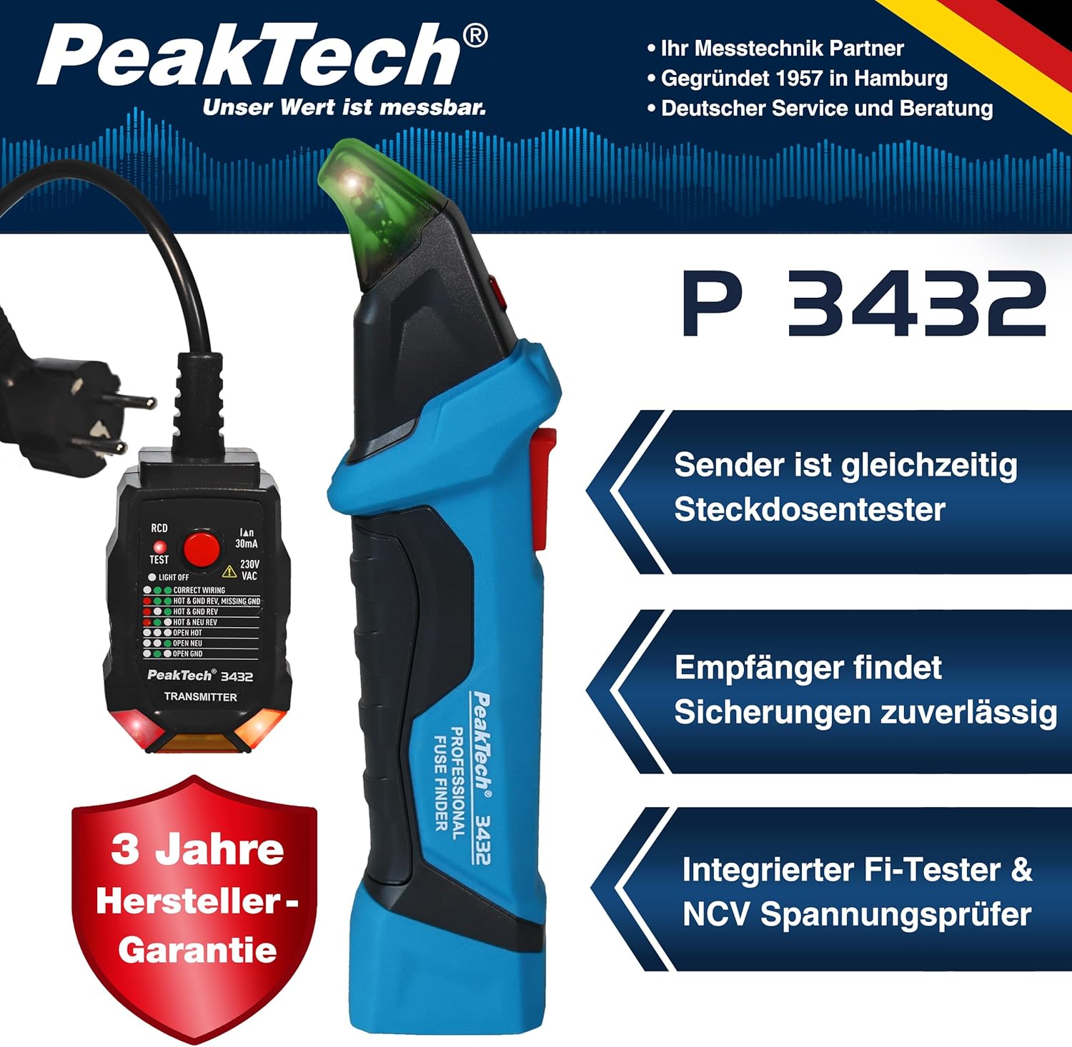 Thumbnail 1 de PeakTech P 3432 Sicherungsfinder und Spannungsprüfer – NCV-Phasenprüfer mit Steckdosentester