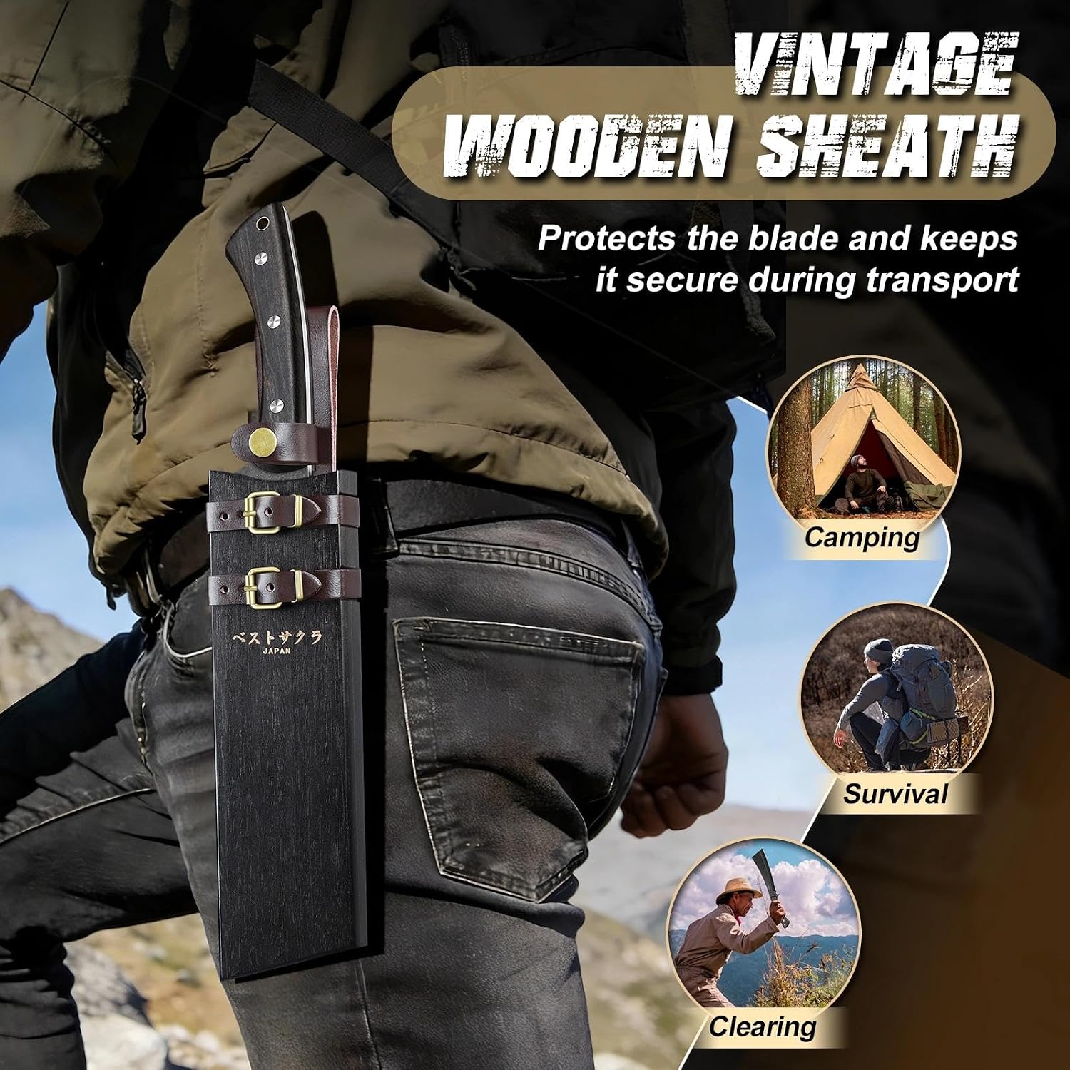 Detalle de Freelander Machete Survival – Full Tang, 6 mm Klingensteg, Holzscheide, 4Cr13 Stahl