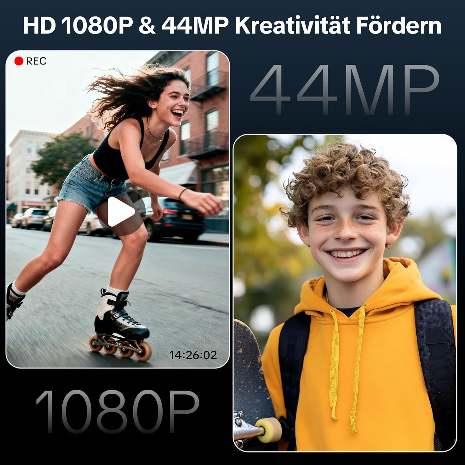 Detalle 2 de Digitalkamera Fotokamera 44MP mit 1080P HD Video, USB-Webcam-Modus, 2,4" IPS-Display und 32GB Karte – ideal für Teens und Kinder