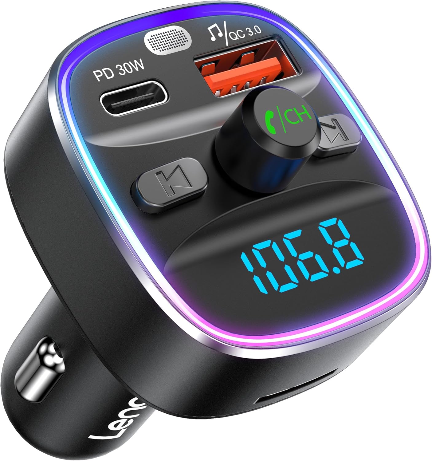 Detalle de LENCENT Transmisor FM Bluetooth 5.4 coche 48W PD 30W & 18W Luz 7 colores