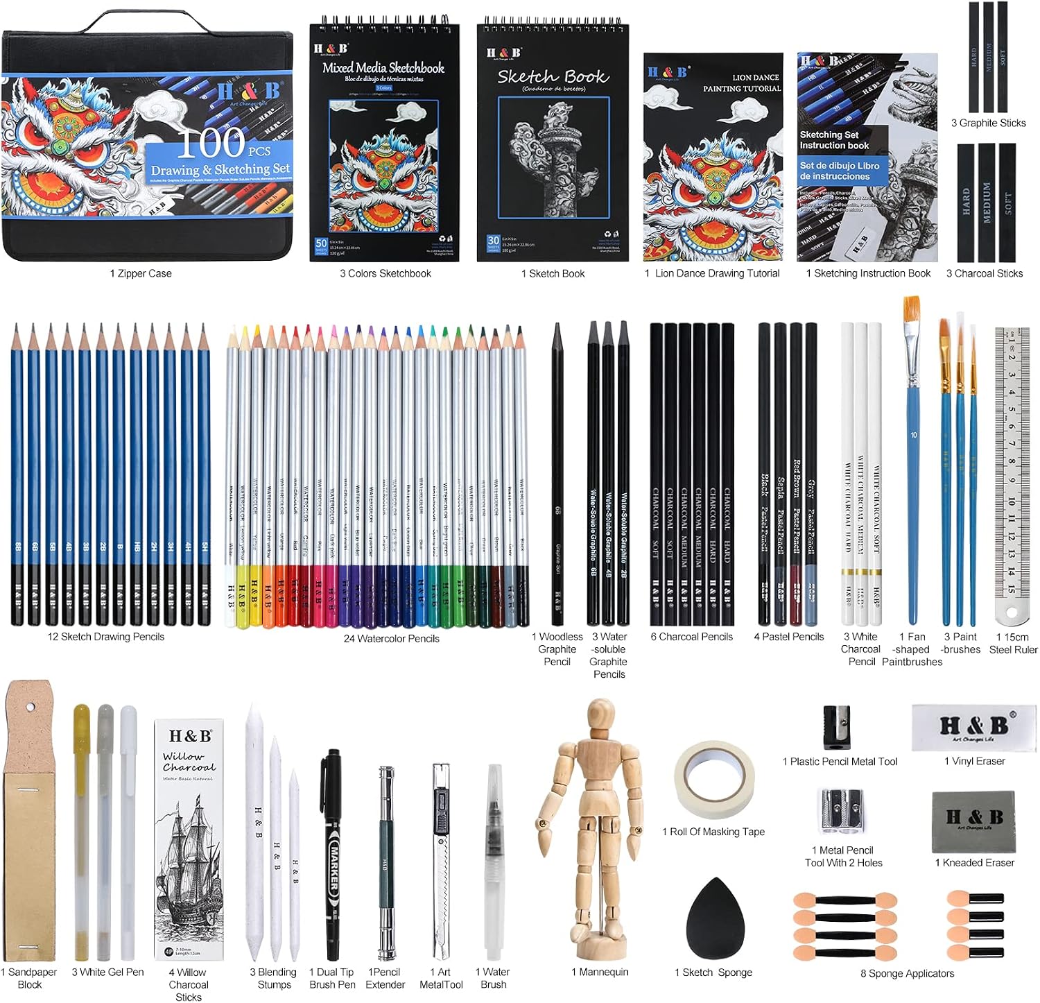 Detalle 2 de H & B 100pcs Sketching Set — sketching kit 🎨