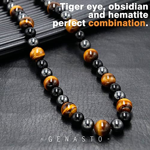 Detalle 2 de GENASTO Healing Crystal Necklace: Black Obsidian, Tiger Eye & Hematite for Triple Protection