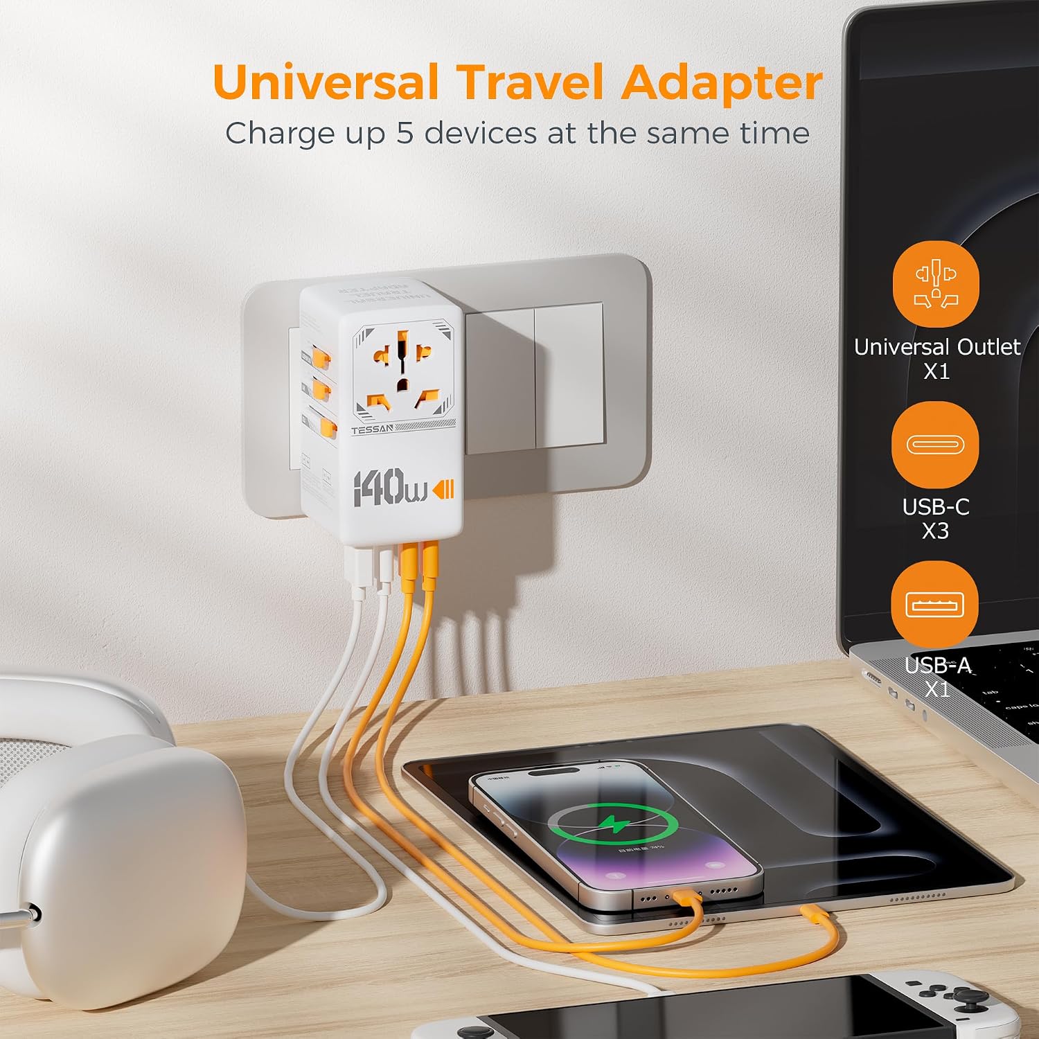 Detalle 2 de TESSAN Universal Travel Adapter 140W with USB-C ports ๐