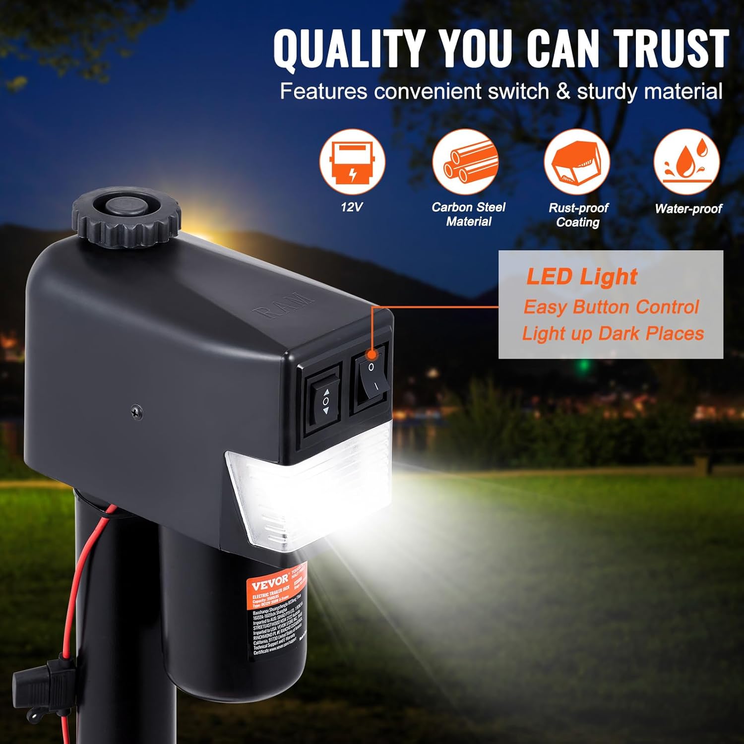 Thumbnail 2 de VEVOR Electric Tongue Jack (3500 lbs Capacity) with Waterproof Cover for RV, Horse & Utility Trailers