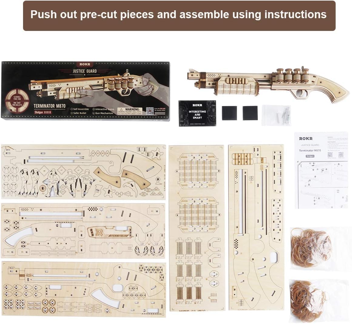 Thumbnail 4 de ROKR Elastici Pistola in Legno da Assemblare – Modello Terminator M870 (Puzzle 3D)
