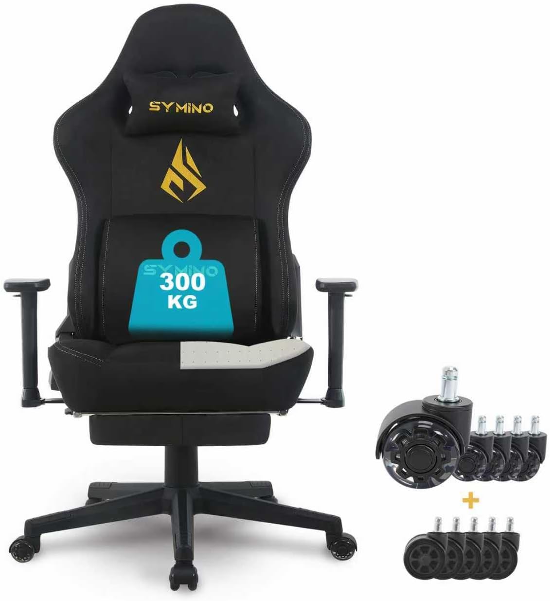 Symino Gaming-Stuhl mit Latex-Sitzkissen, Memory-Schaum-Lendenstütze & 300 kg Belastbarkeit – schwarz