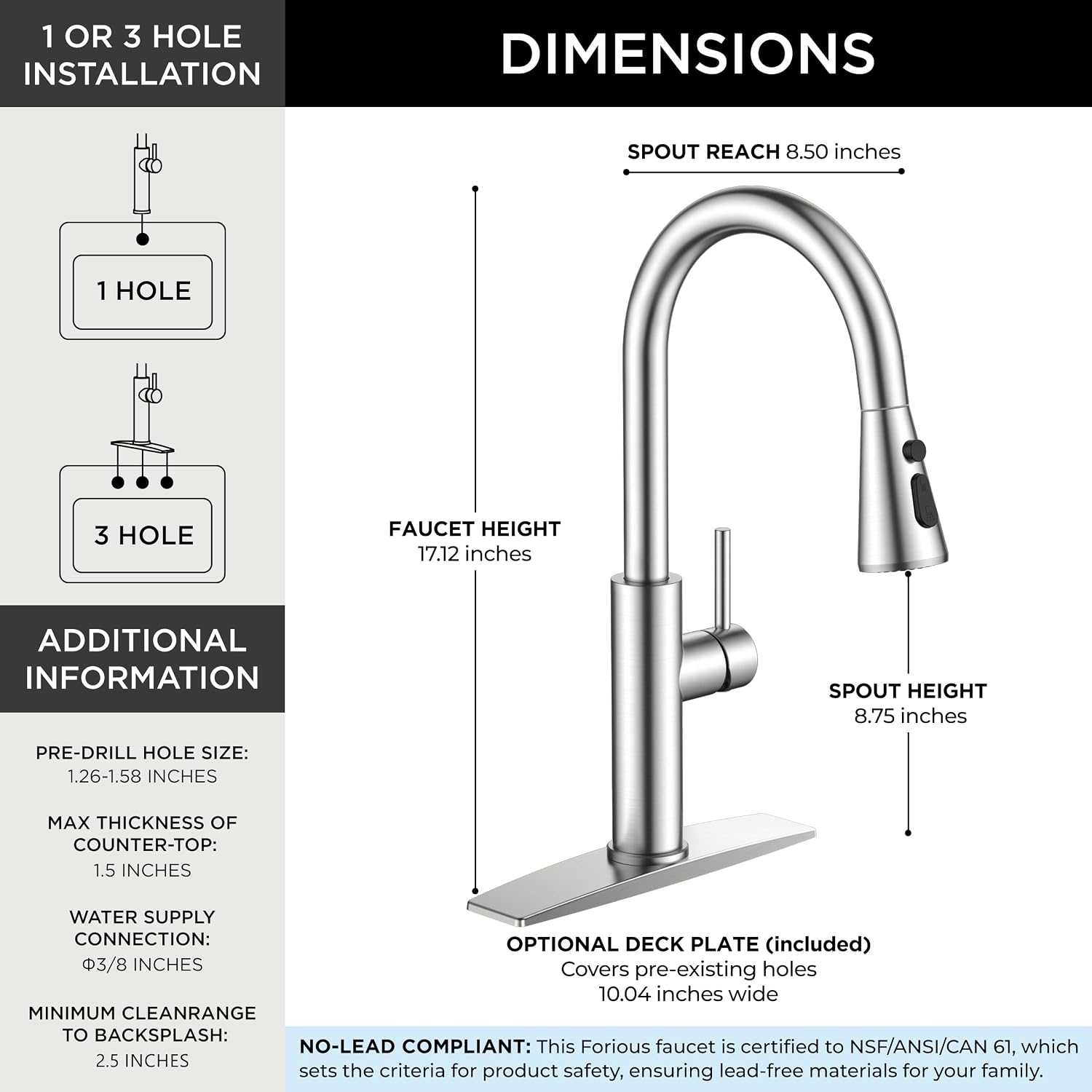 Detalle de FORIOUS FF0096BN Pull-Down Kitchen Faucet, High-Arc, Brushed Nickel