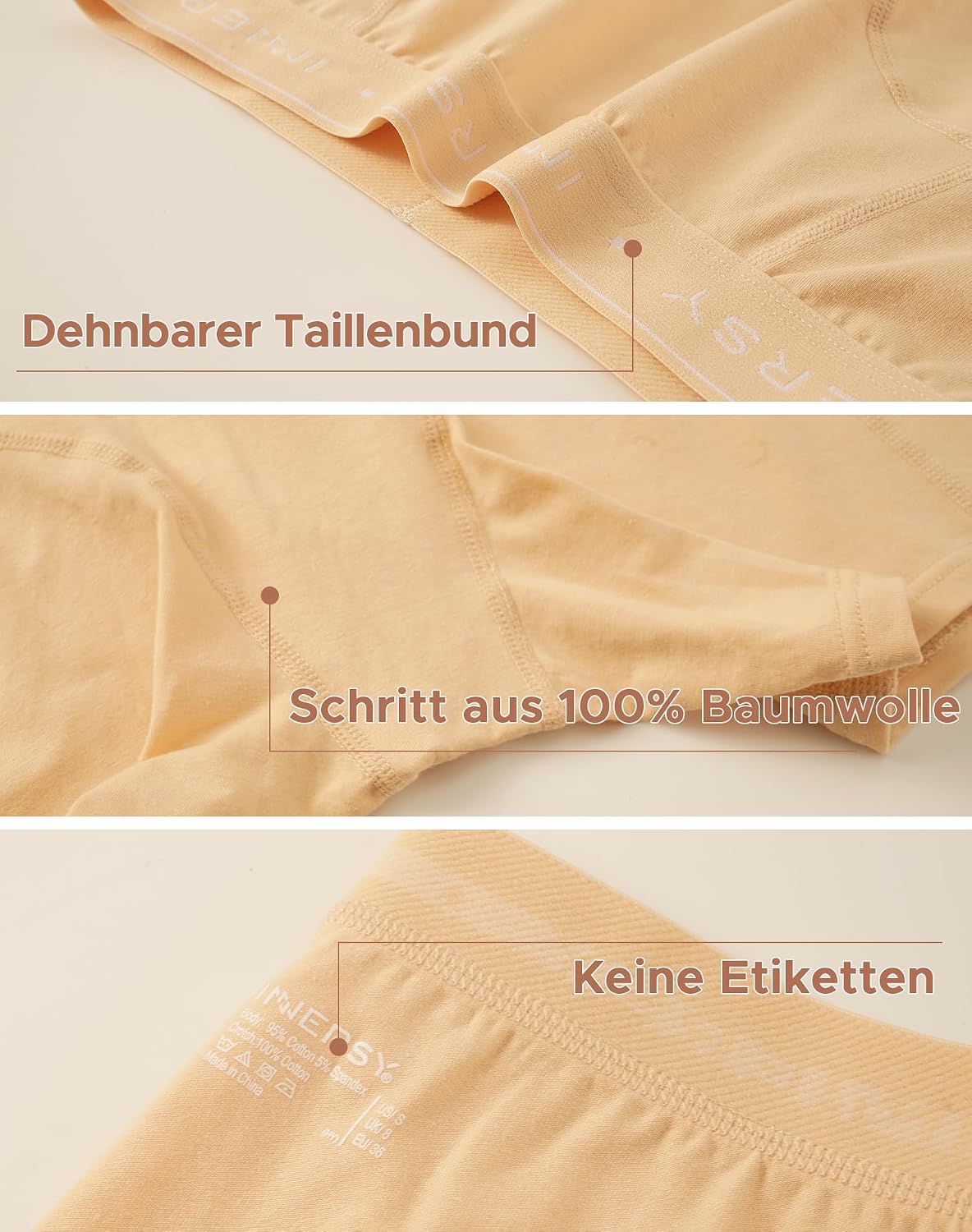 Detalle de INNERSY Damen-Boxershorts aus Baumwolle im 3er-Pack – mittellange Beine, Hipster/ Boyshorts