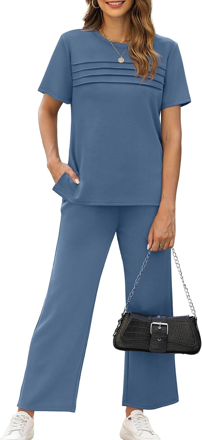 Detalle de WIHOLL Two Piece Sets for Women - Lightweight Summer Lounging Set with Side Slit Top & Wide Leg Pants
