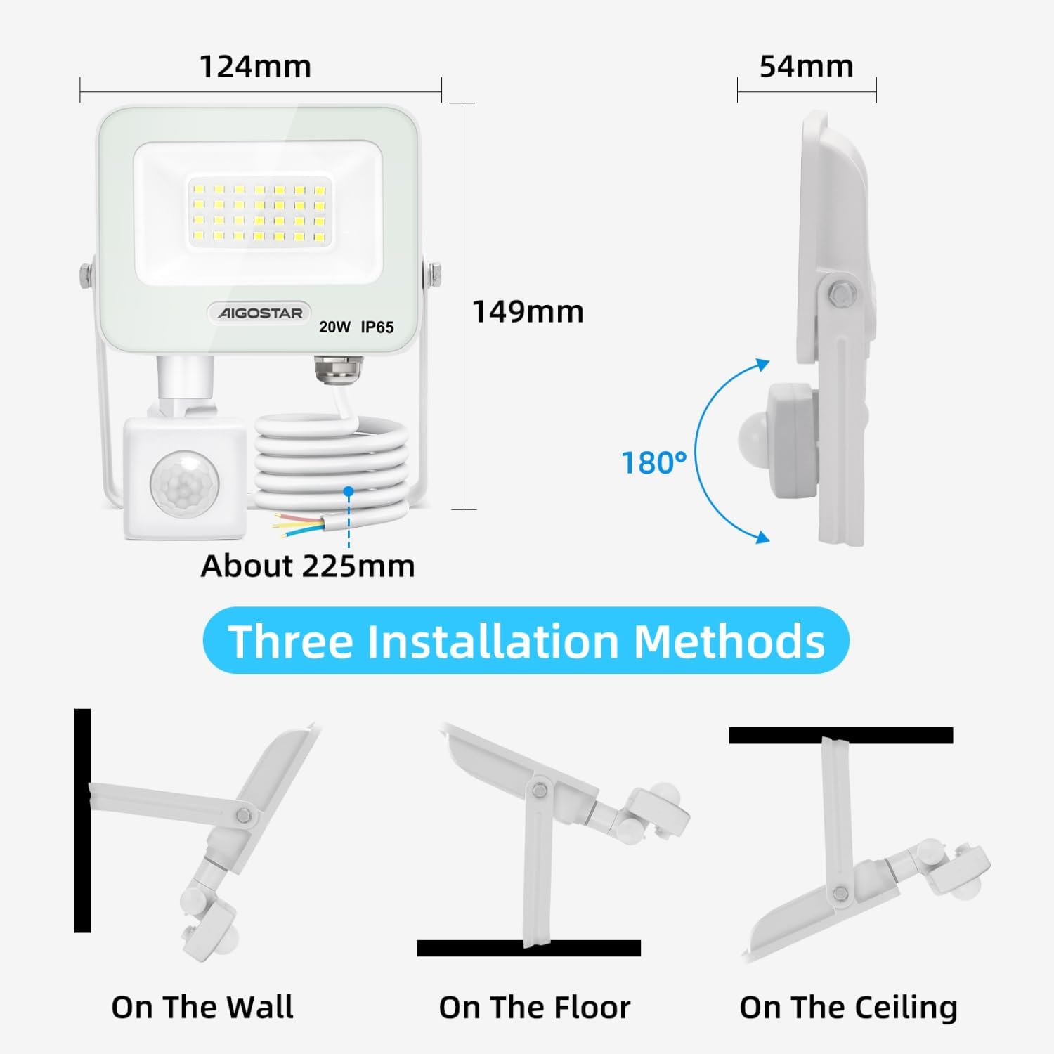 Thumbnail 5 de Aigostar faretto LED da esterno 20W con sensore di movimento, 2 pezzi (bianco freddo 6500K, IP65)